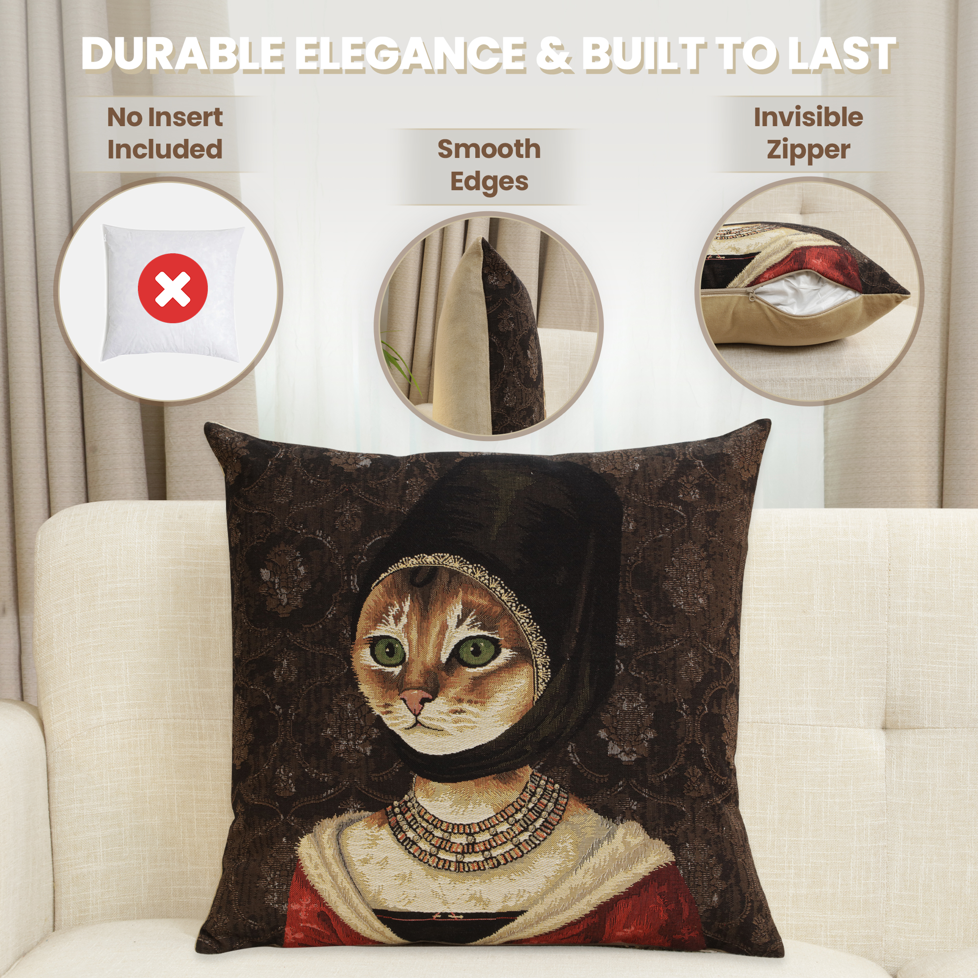 Cat with Hat Belgian Tapestry Pillow Cover 18x18 Inch Cotton Jacquard Woven Cushion Cover