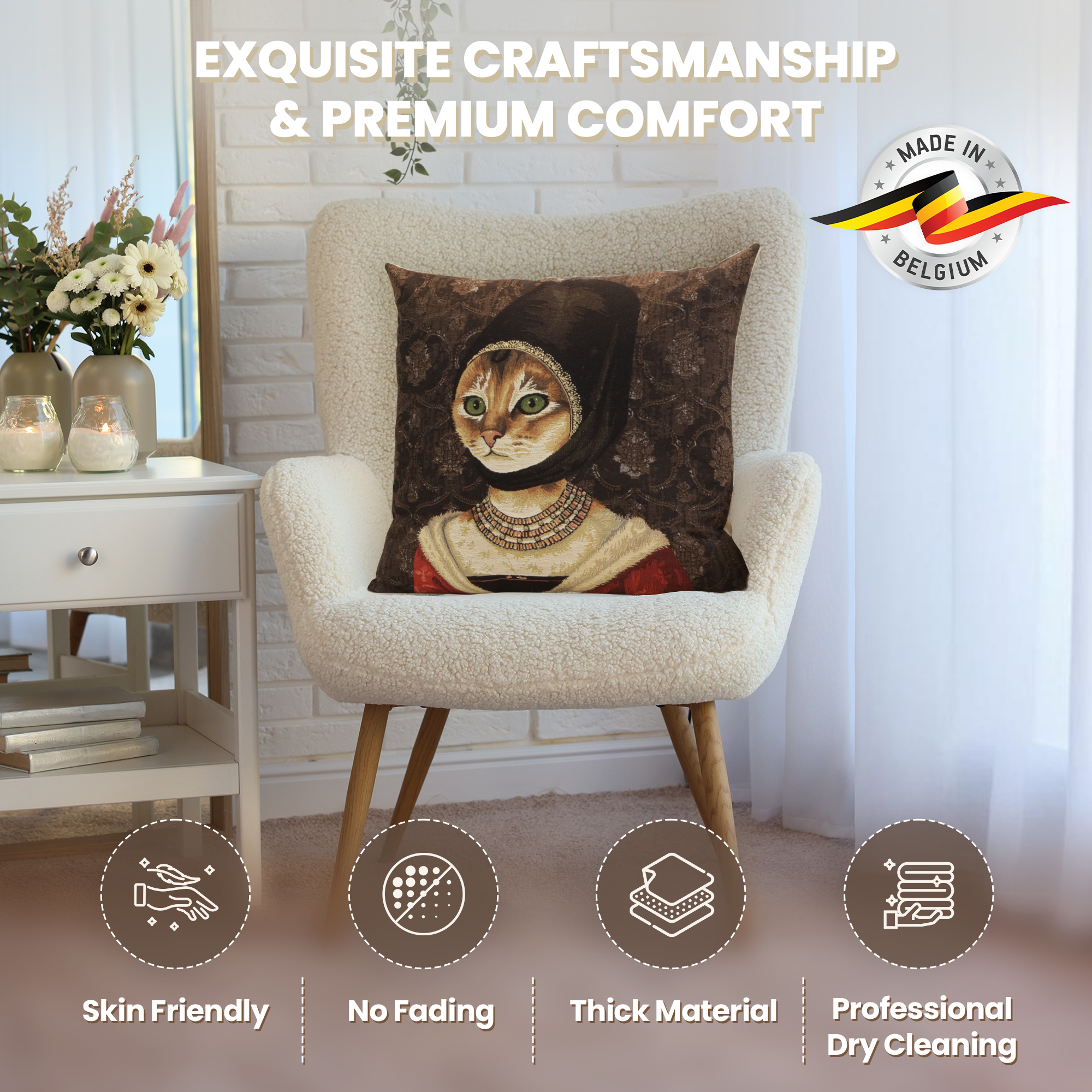 Cat with Hat Belgian Tapestry Pillow Cover 18x18 Inch Cotton Jacquard Woven Cushion Cover