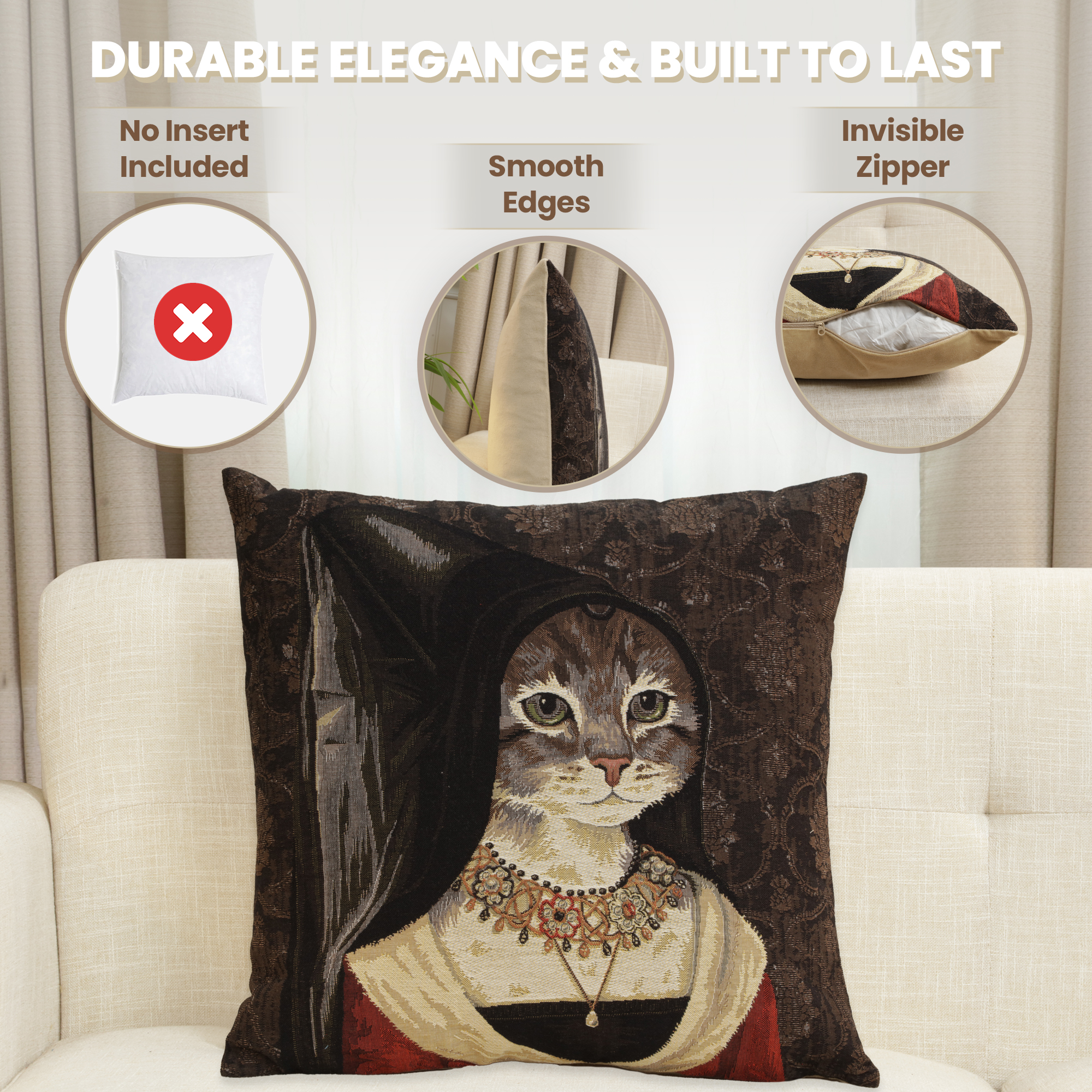 Cat with Hat Belgian Tapestry Pillow Cover 18x18 Inch Cotton Jacquard Woven Cushion Cover