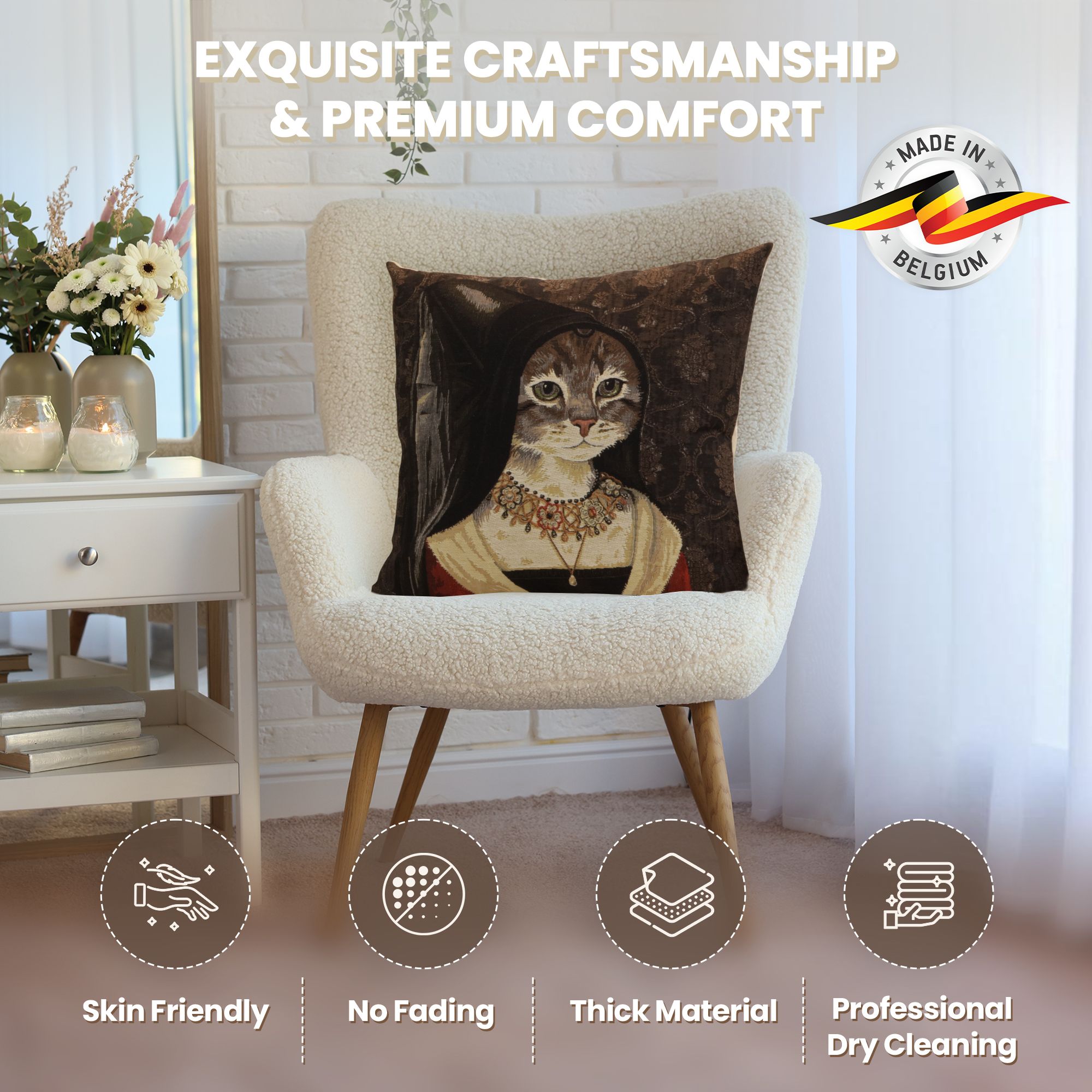 Cat with Hat Belgian Tapestry Pillow Cover 18x18 Inch Cotton Jacquard Woven Cushion Cover