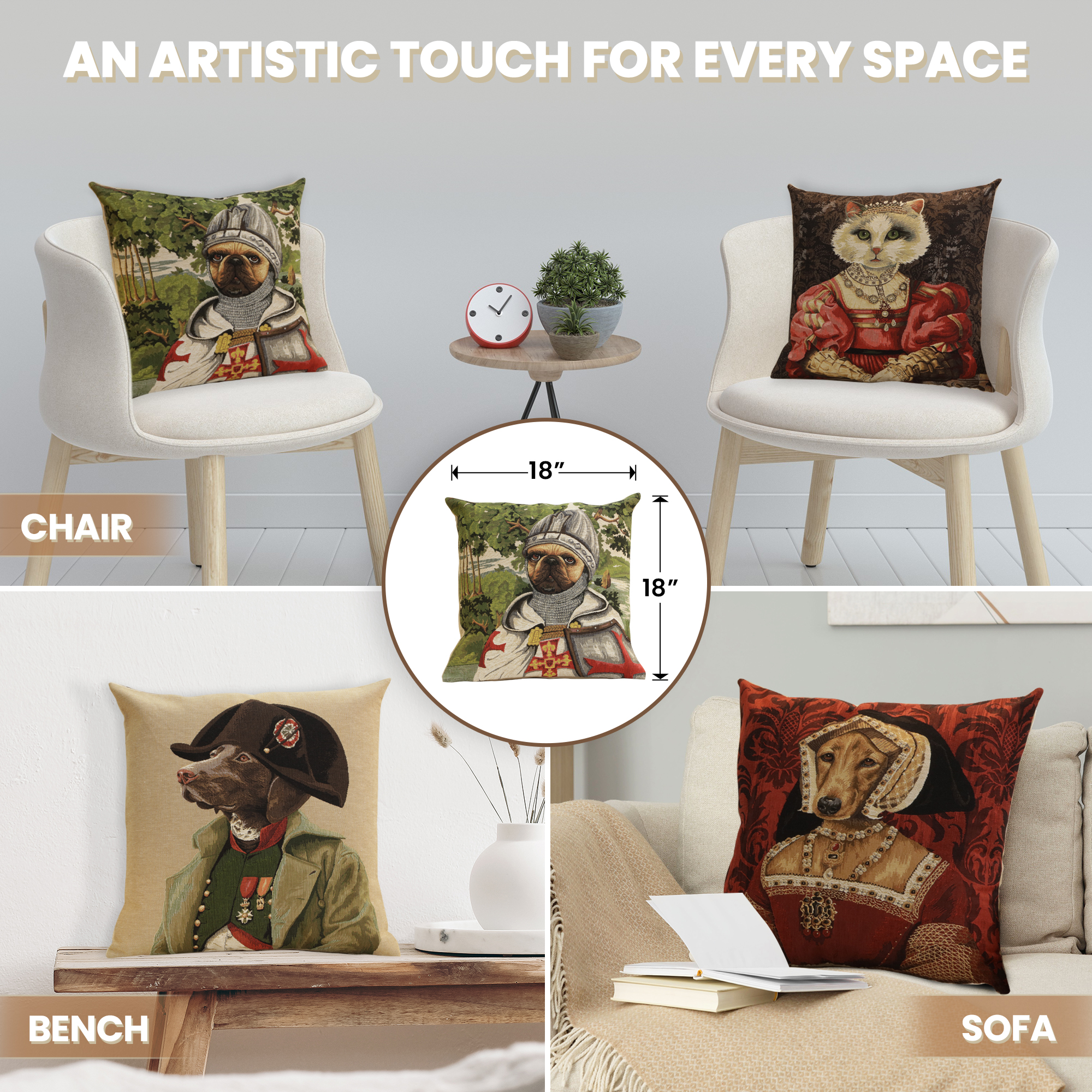 Chien Napoleon Lancelot Tapestry Pillow Cover 18x18 Inch Cotton Jacquard Woven Cushion Cover