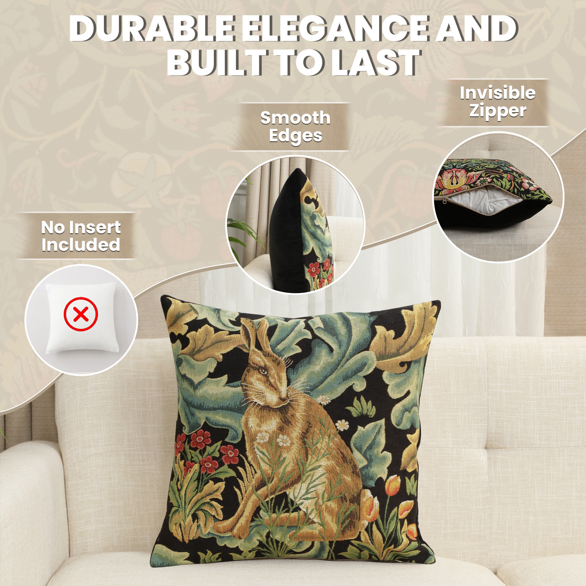 Brown Hare Belgian Tapestry Pillow Cover 18x18 inch 100% Cotton Belgian Jacquard Woven Cushion Cover