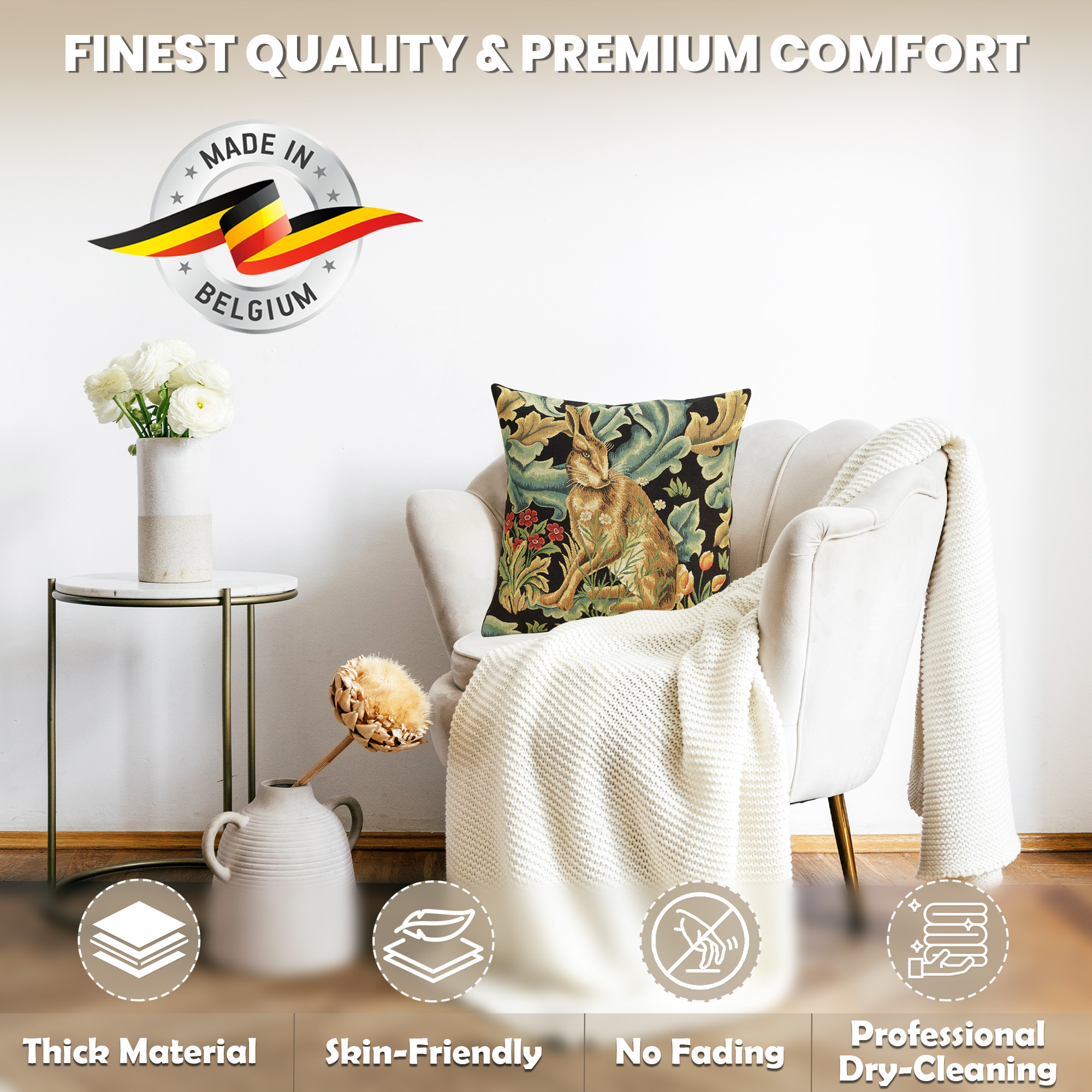 Brown Hare Belgian Tapestry Pillow Cover 18x18 inch 100% Cotton Belgian Jacquard Woven Cushion Cover