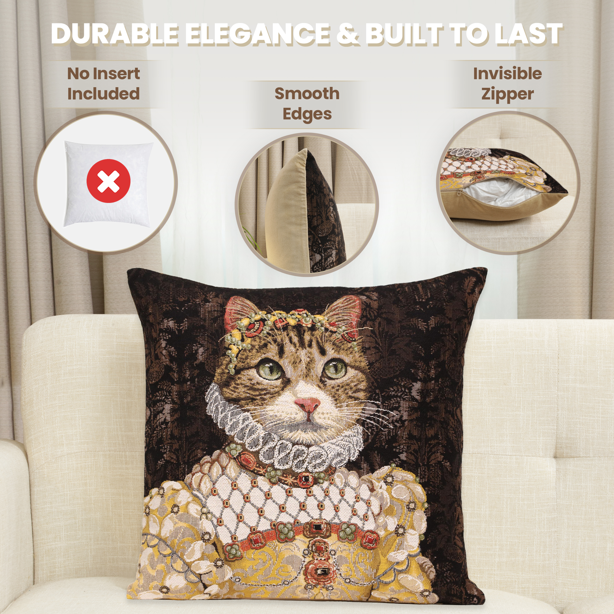 Grey Cat Sisi Belgian Tapestry Pillow Cover 18x18 Inch Cotton Jacquard Woven Cushion Cover