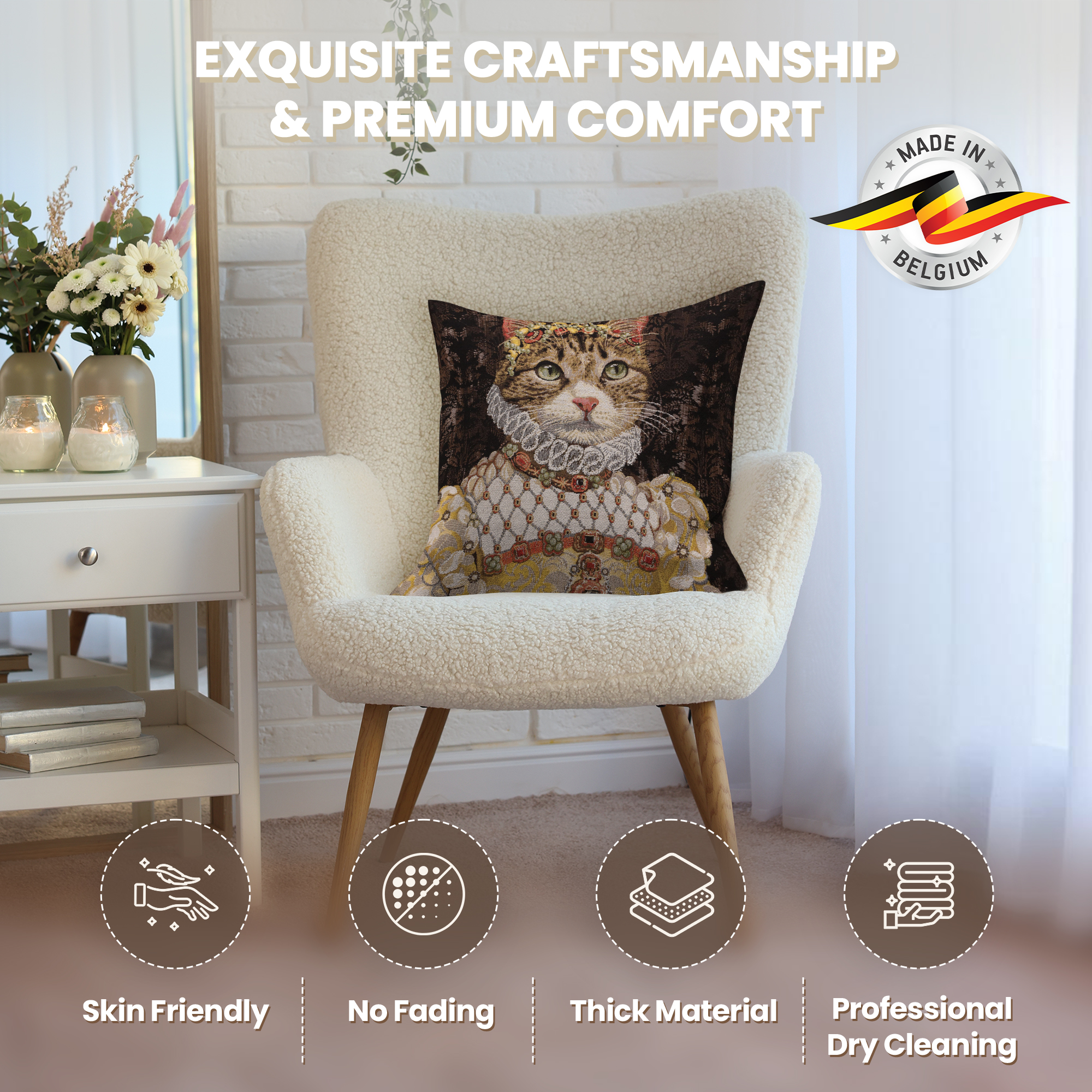 Grey Cat Sisi Belgian Tapestry Pillow Cover 18x18 Inch Cotton Jacquard Woven Cushion Cover