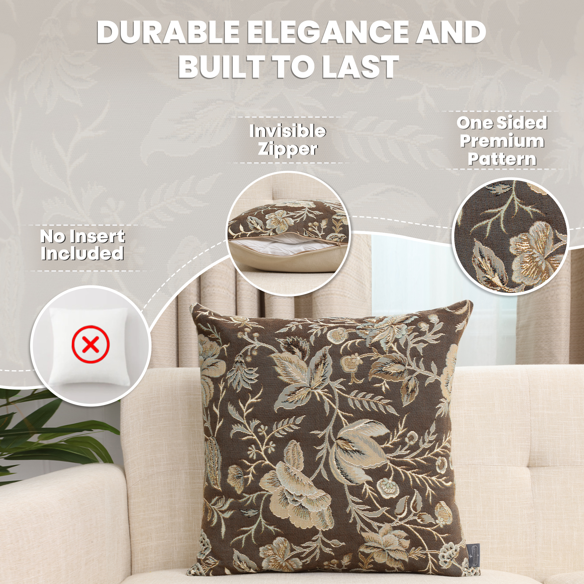 Floral Peony Grey B Tapestry Pillow Cover 19x19 Inch Cotton Jacquard Woven Cushion Cover