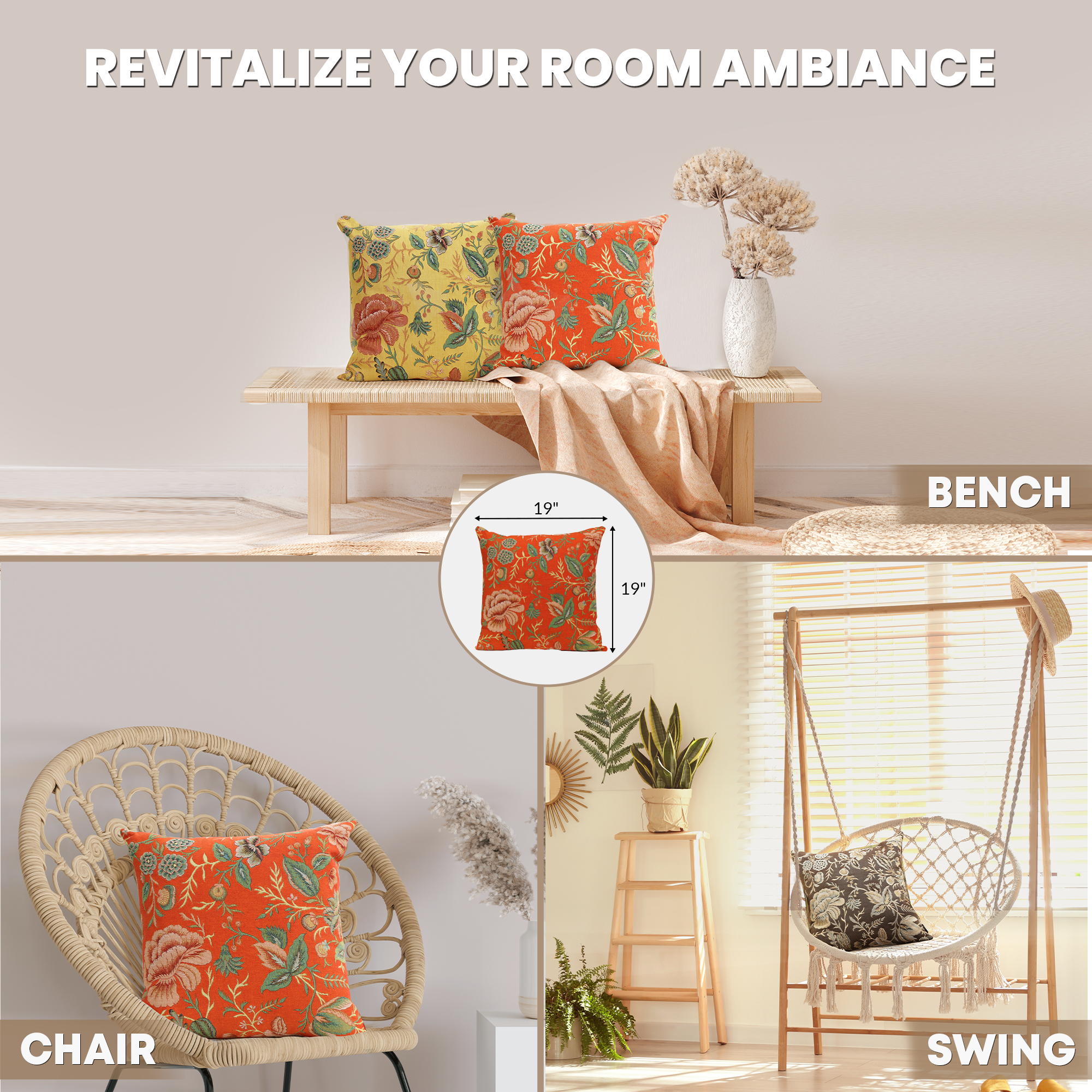 Floral Peony Orange A Tapestry Pillow Cover 19x19 Inch Cotton Jacquard Woven Cushion Cover