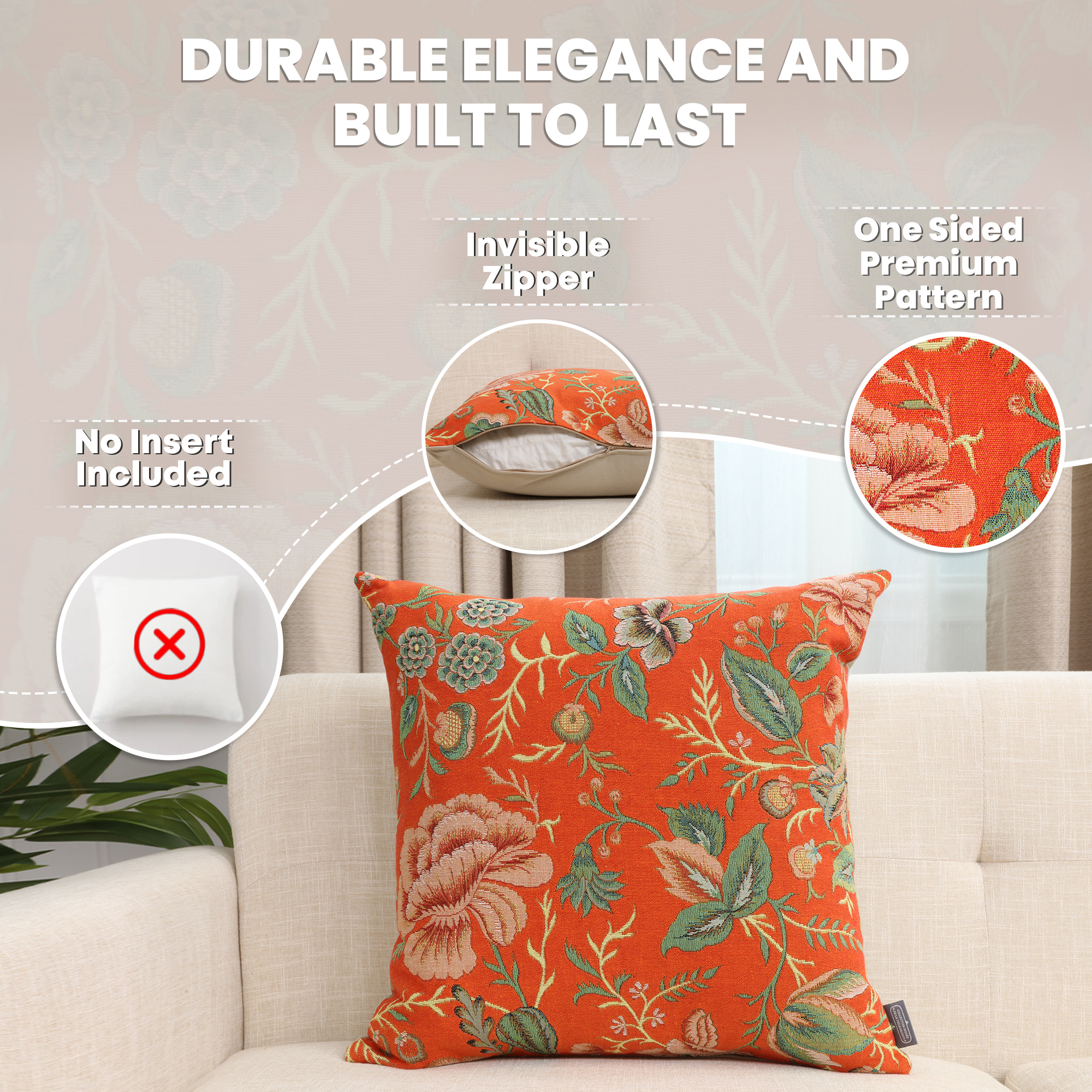 Floral Peony Orange A Tapestry Pillow Cover 19x19 Inch Cotton Jacquard Woven Cushion Cover