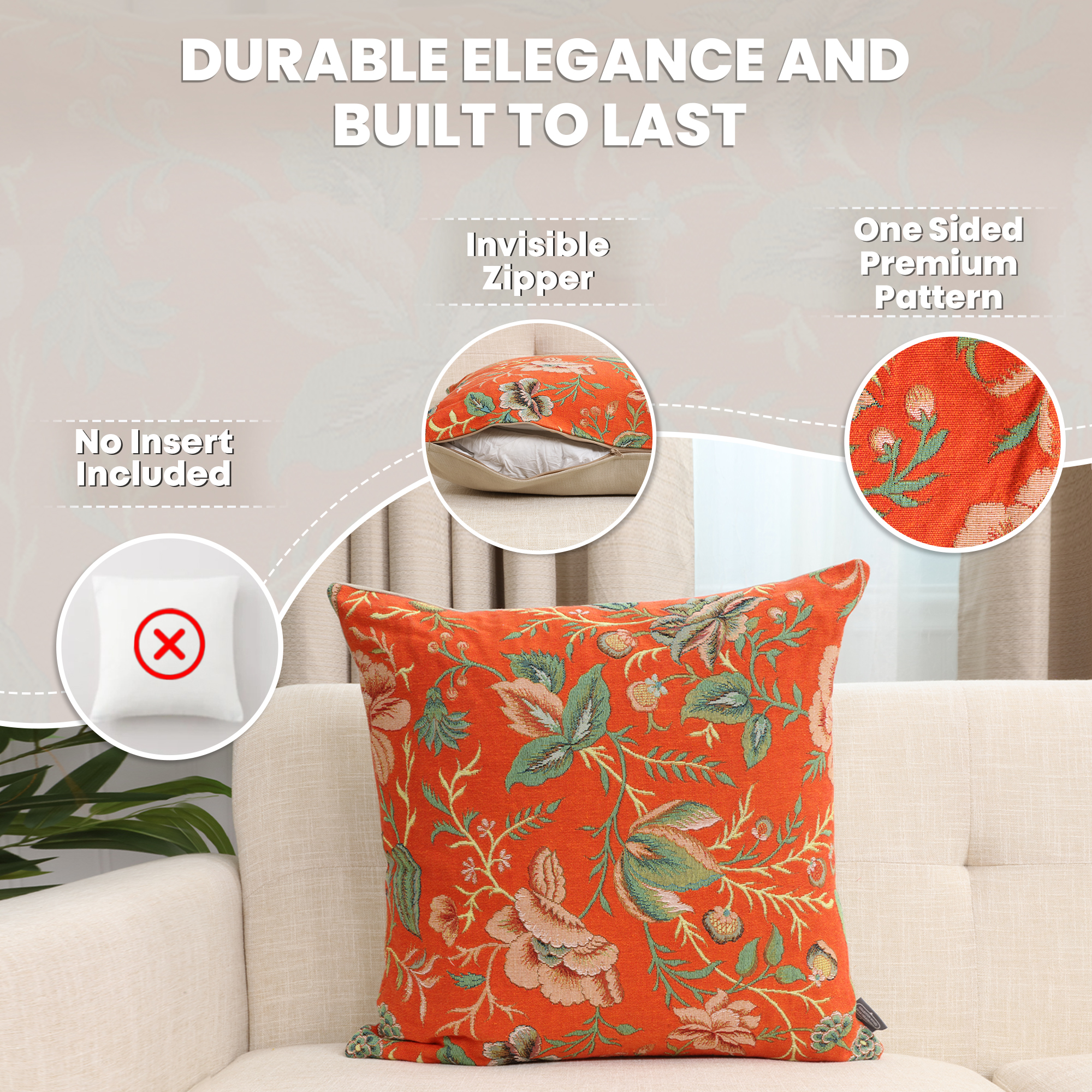 Floral Peony Orange B Tapestry Pillow Cover 19x19 Inch Cotton Jacquard Woven Cushion Cover