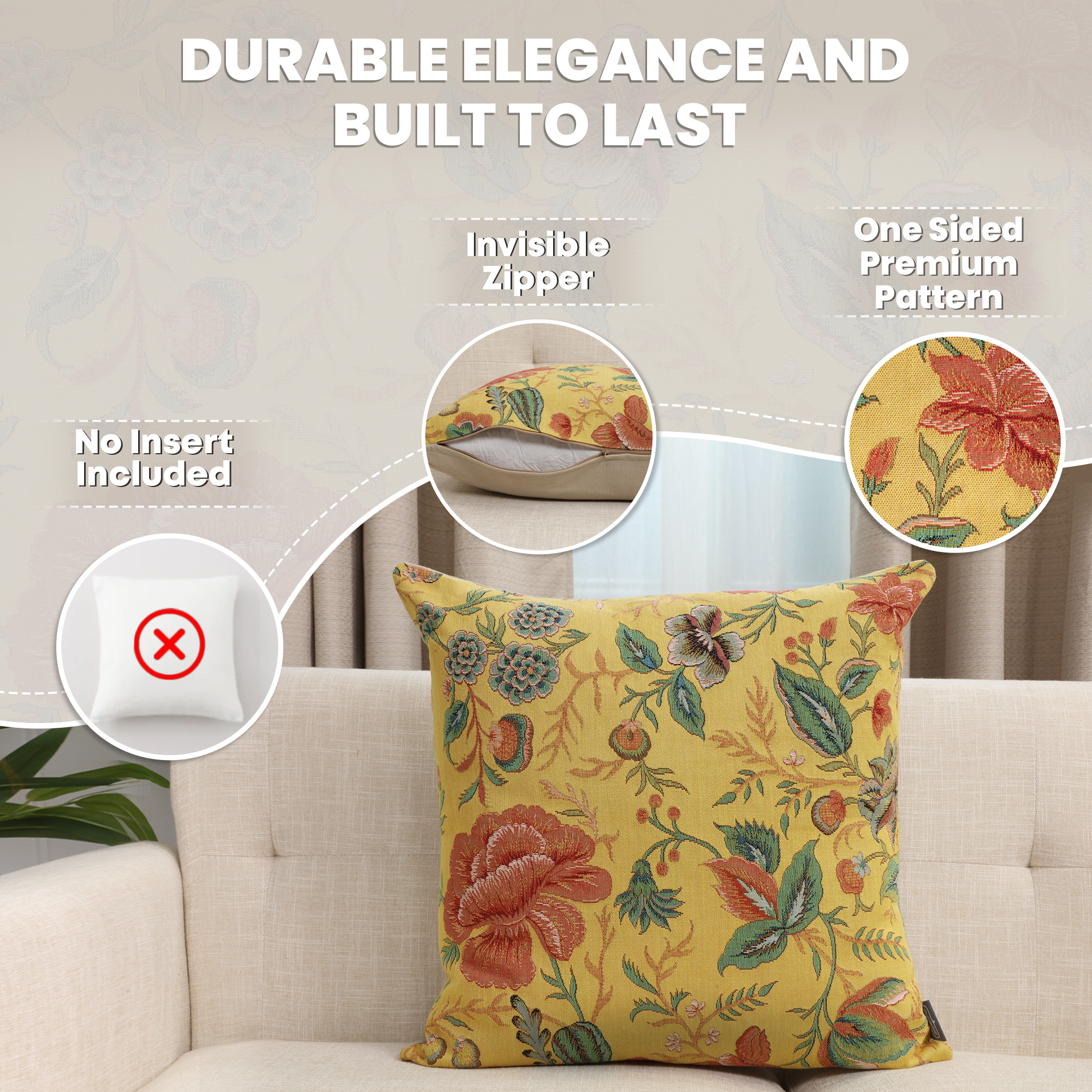 Floral Peony Yellow A Tapestry Pillow Cover 19x19 Inch Cotton Jacquard Woven Cushion Cover
