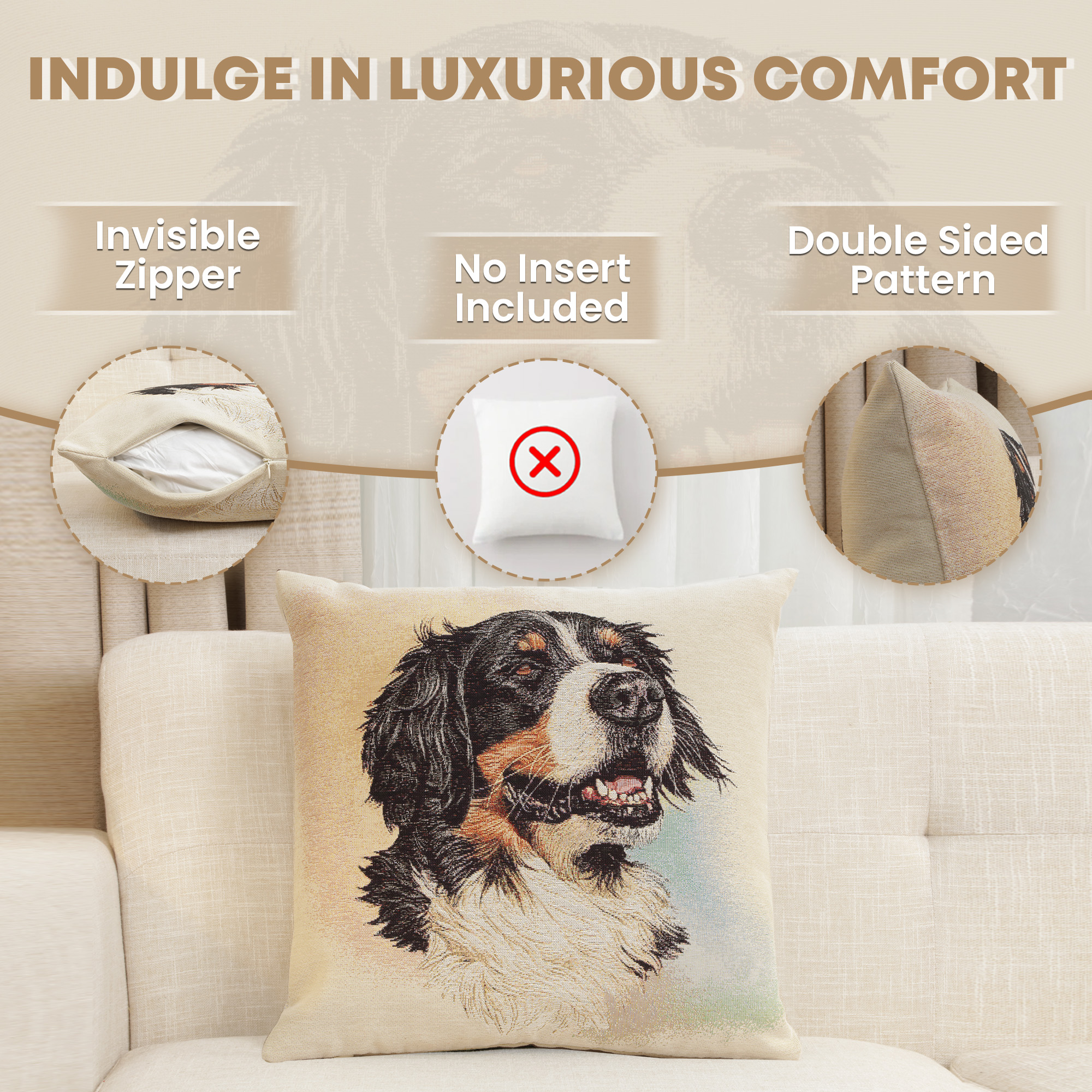 Bernese Mountain Dog Tapestry Pillow Cover 18x18 Inch Cotton Jacquard Woven Cushion Cover