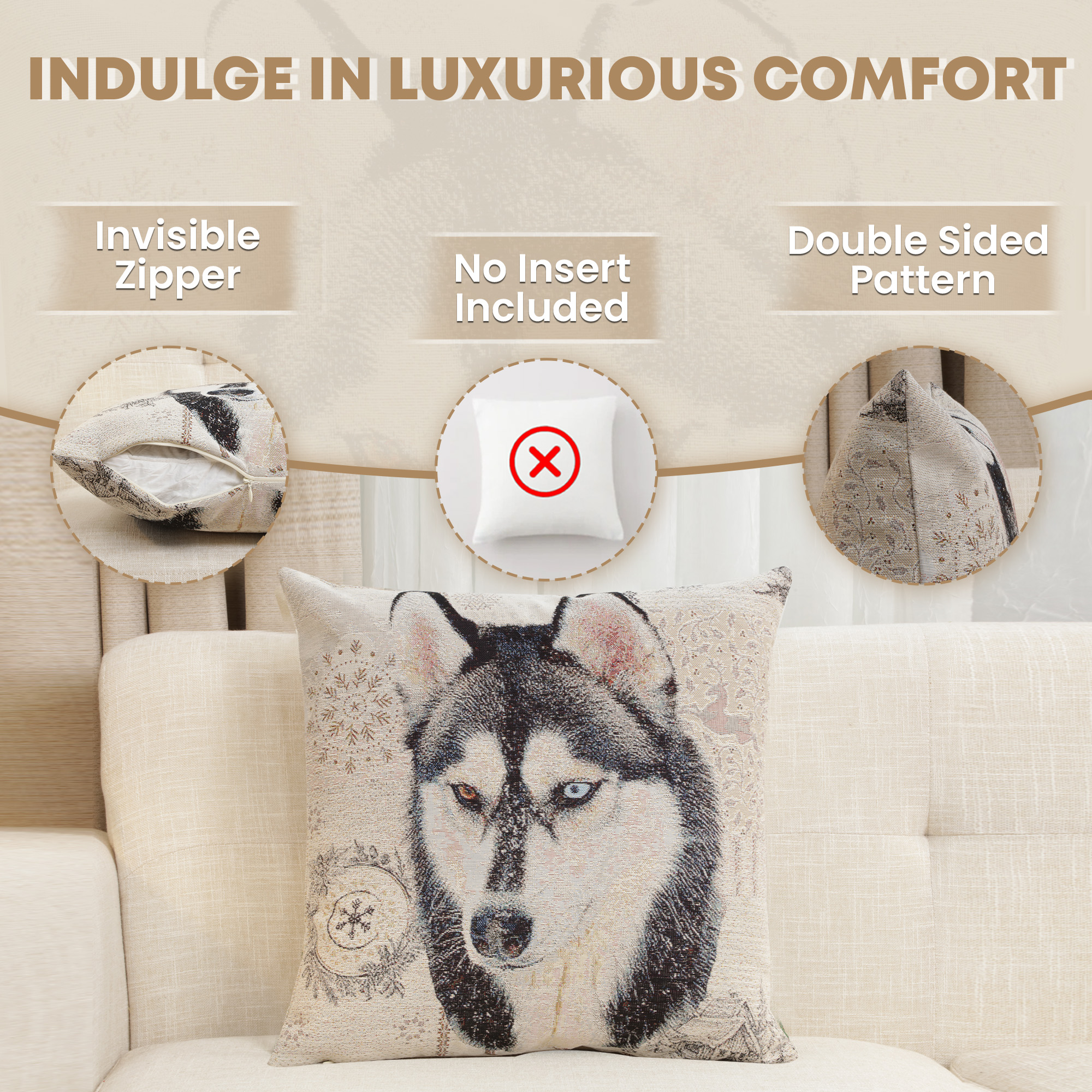 Husky Tapestry Pillow Cover 18x18 Inch Cotton Jacquard Woven Cushion Cover