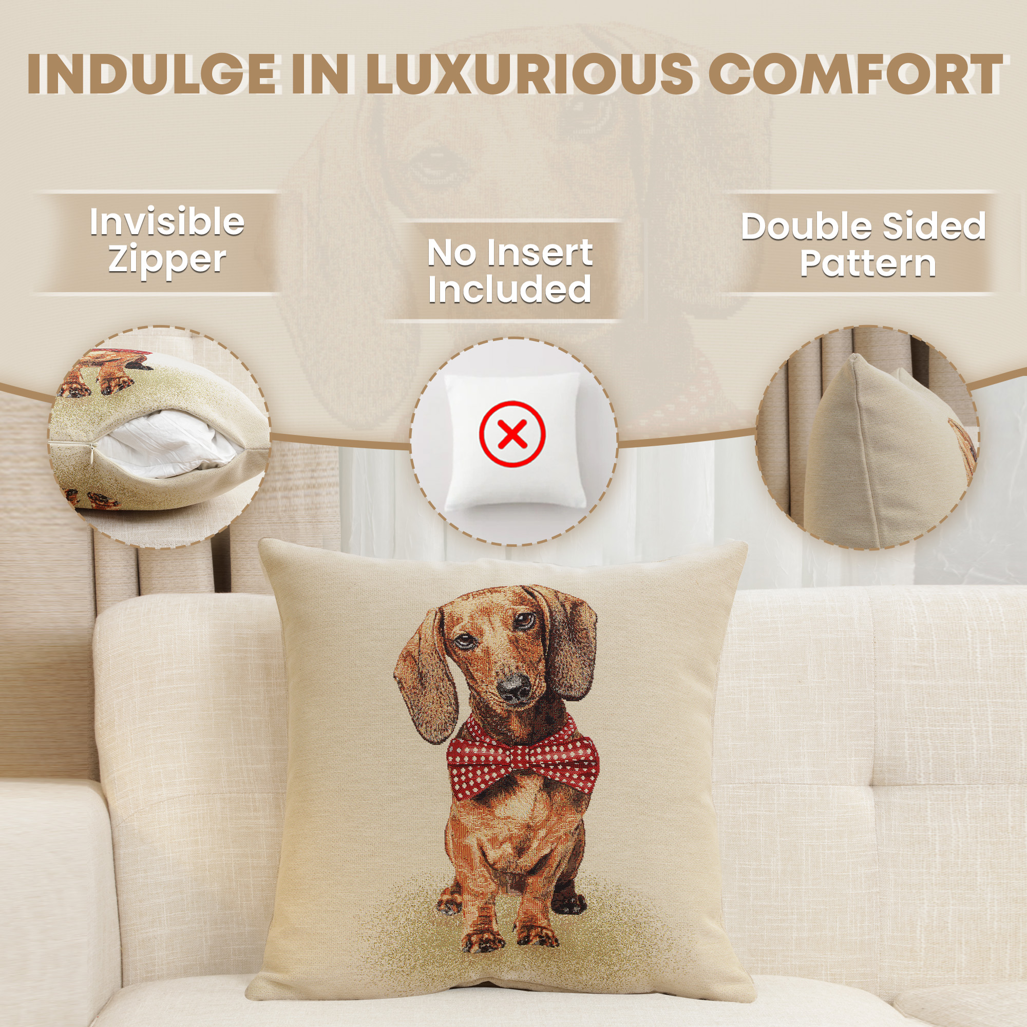 Bow Dog Tapestry Pillow Cover 18x18 Inch Cotton Jacquard Woven Cushion Cover