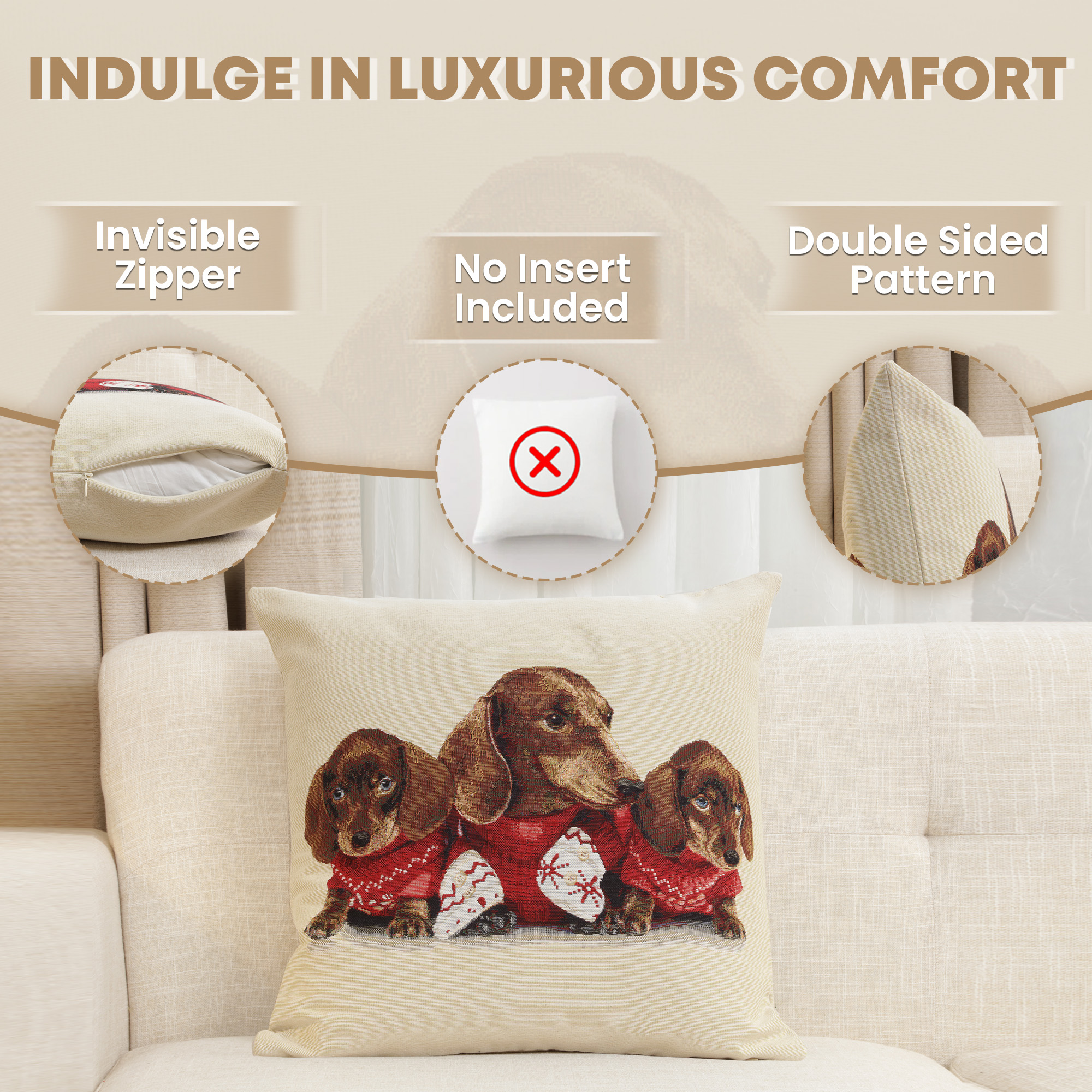 Dachshund Trio Tapestry Pillow Cover 18x18 Inch Cotton Jacquard Woven Cushion Cover