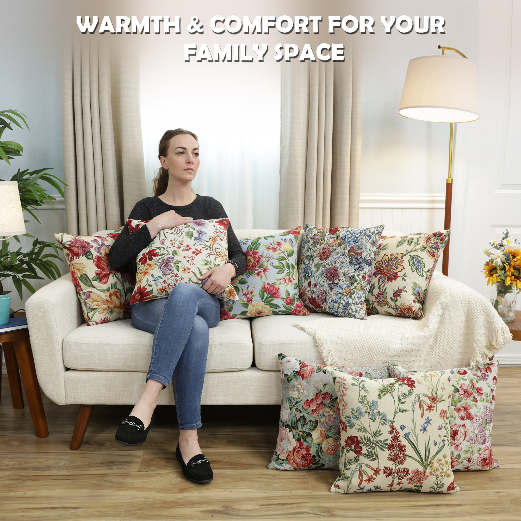 Floral Berries Field Tapestry Pillow Cover 18x18 Inch Cotton Jacquard Woven Cushion Cover