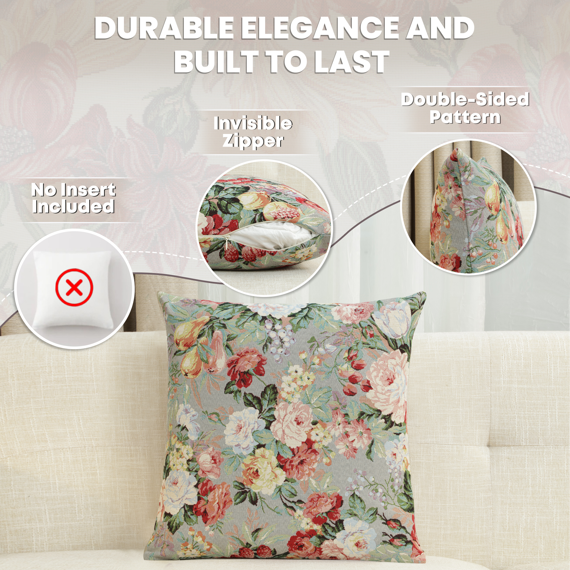 Floral Berries Field Tapestry Pillow Cover 18x18 Inch Cotton Jacquard Woven Cushion Cover