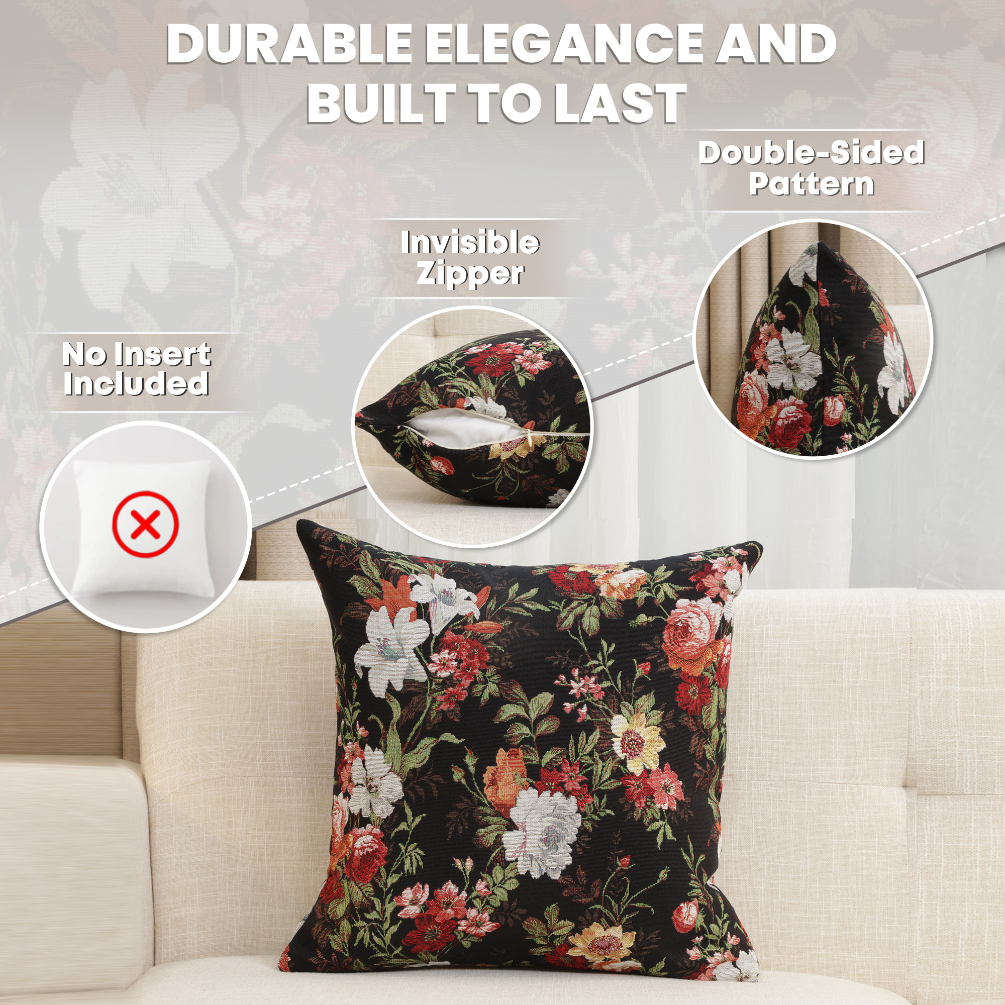 Floral Blossom Tapestry Pillow Cover 18x18 Inch Cotton Jacquard Woven Cushion Cover