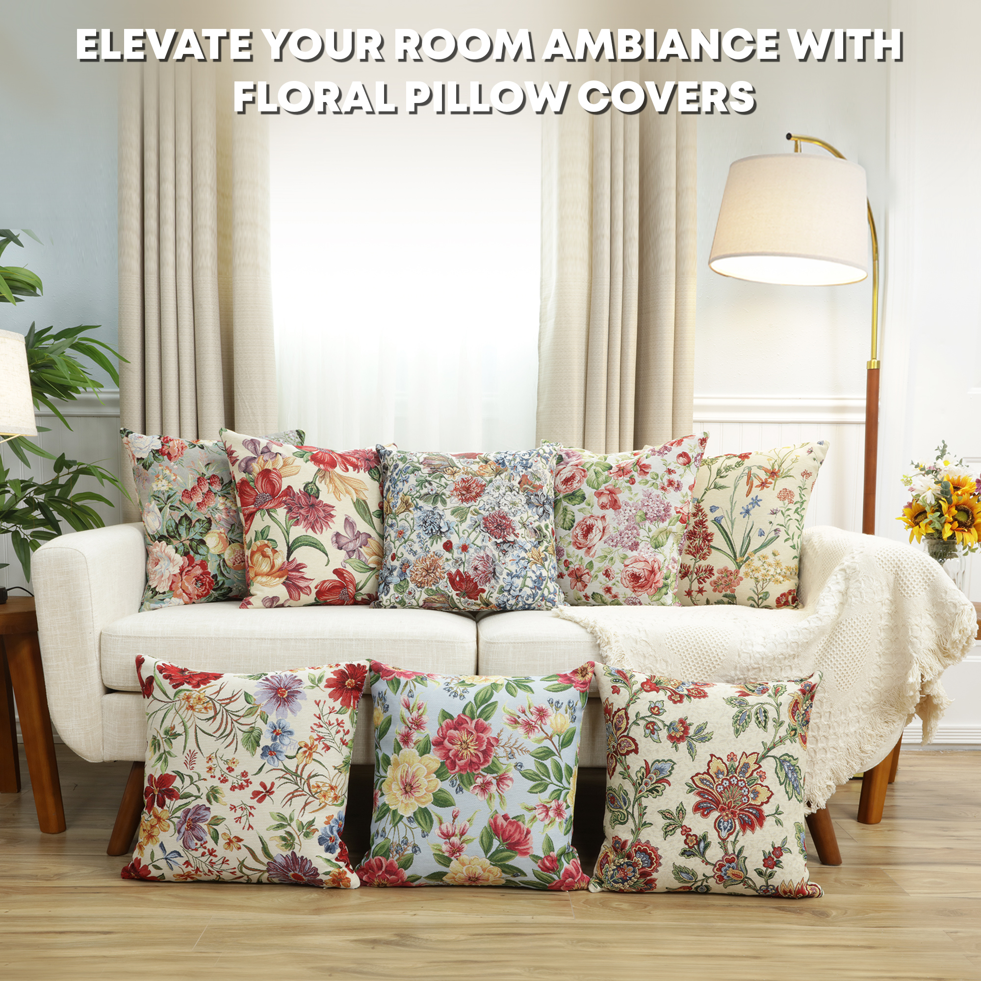 Floral Camellia Tapestry Pillow Cover 18x18 Inch Cotton Jacquard Woven Cushion Cover