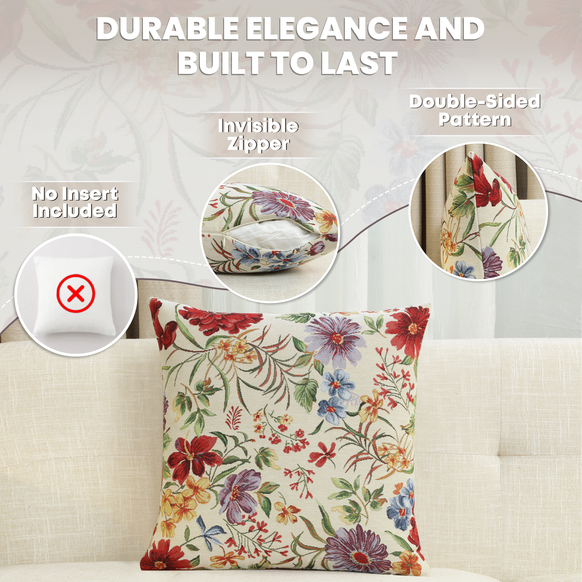 Floral Caroline Tapestry Pillow Cover 18x18 Inch Cotton Jacquard Woven Cushion Cover