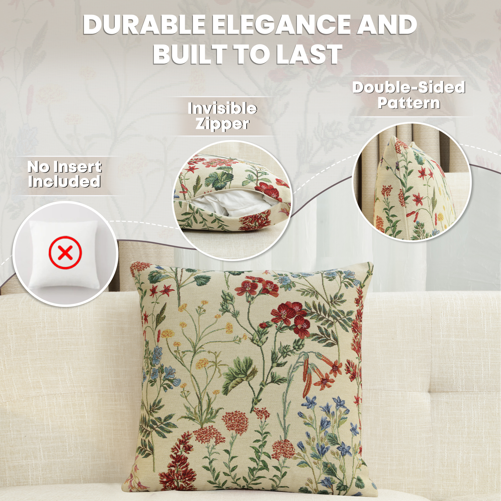 Floral Gabi Tapestry Pillow Cover 18x18 Inch Cotton Jacquard Woven Cushion Cover