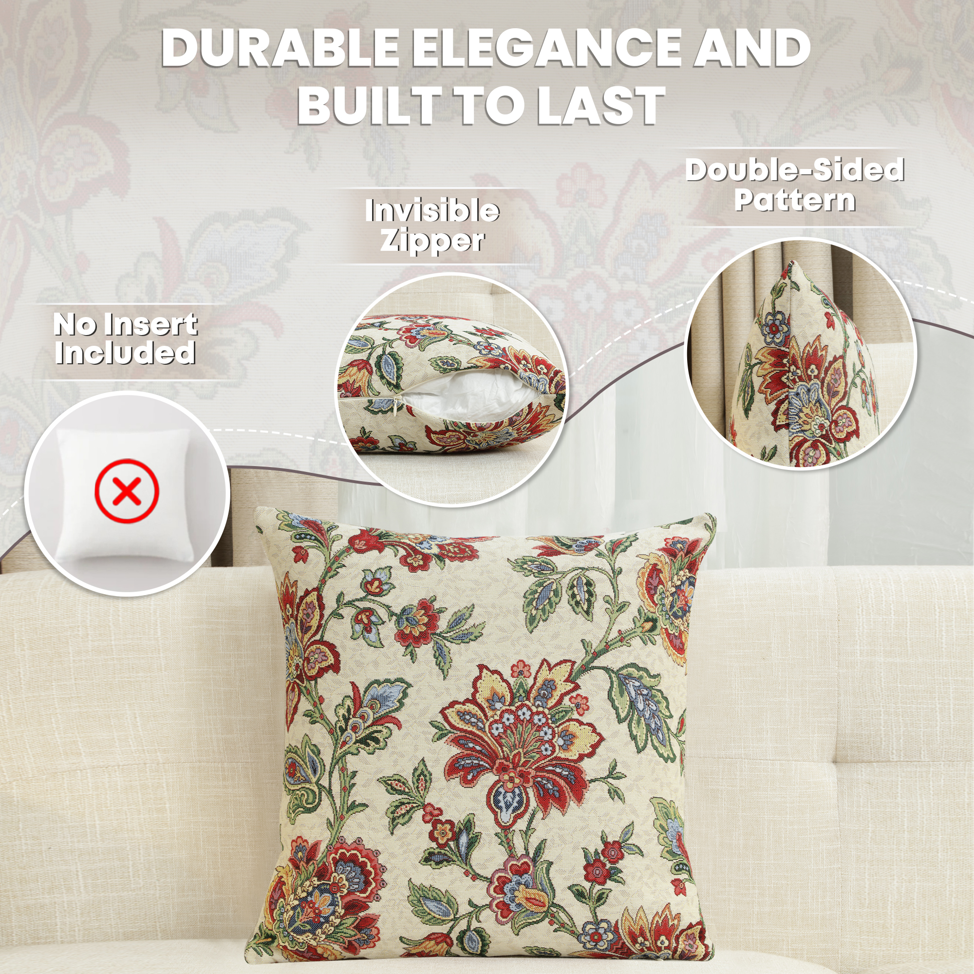 Shaila Floral European Tapestry Pillow Cover 18x18 Inch Cotton Jacquard Woven Cushion Cover