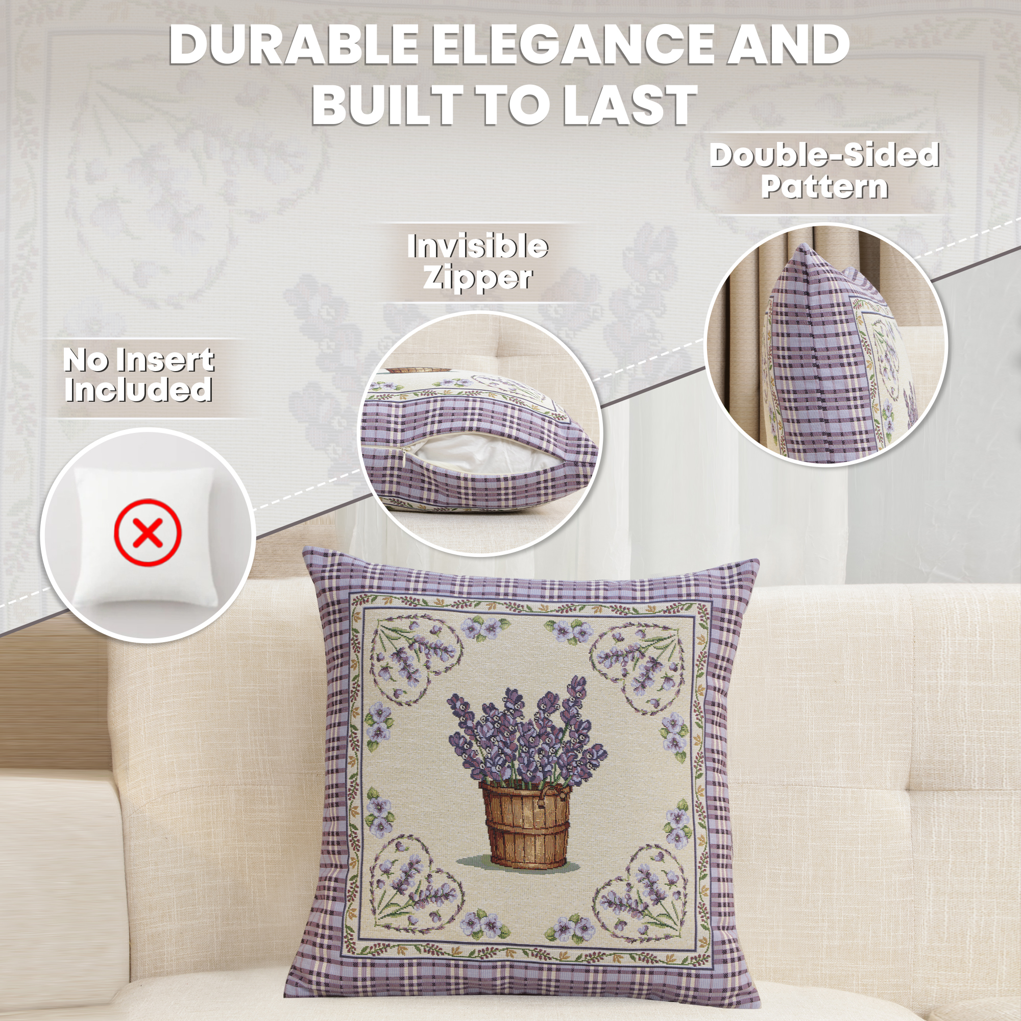 Floral Lavender Hearts Tapestry Pillow Cover 18x18 Inch Cotton Jacquard Woven Cushion Cover