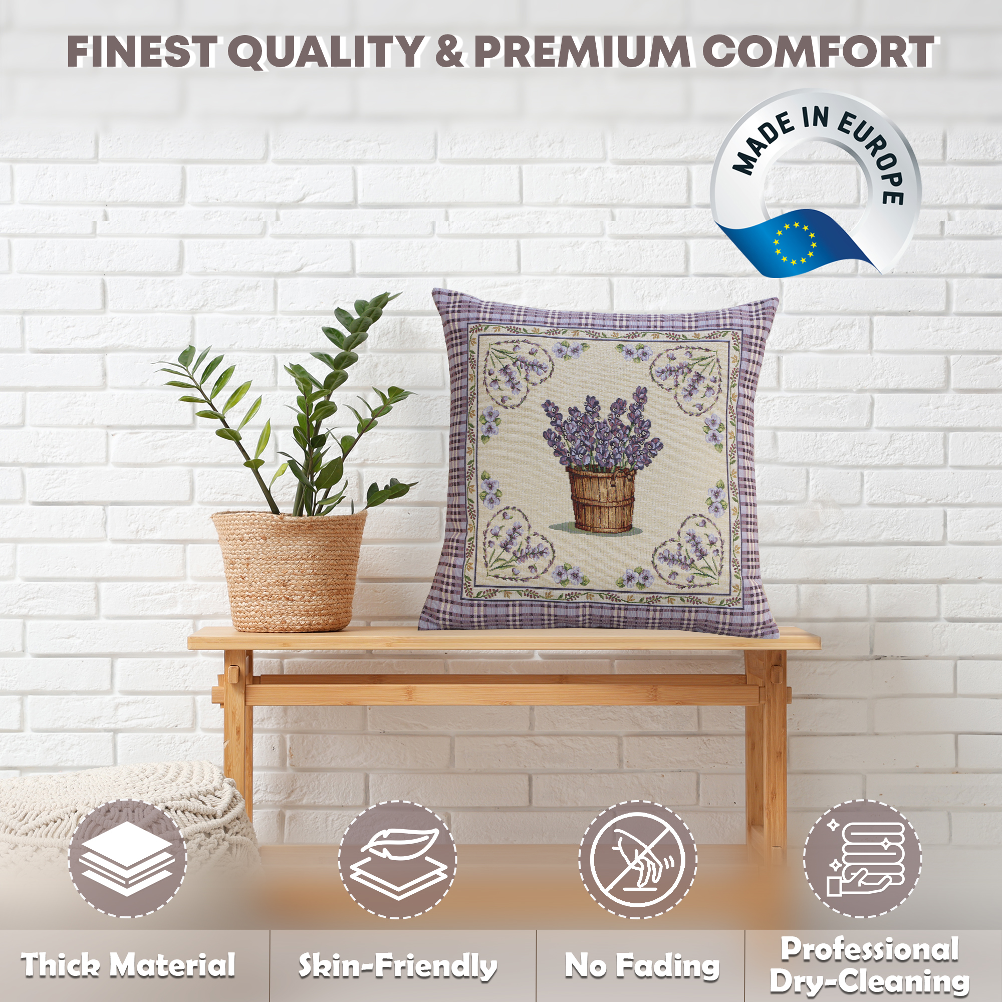 Floral Lavender Hearts Tapestry Pillow Cover 18x18 Inch Cotton Jacquard Woven Cushion Cover