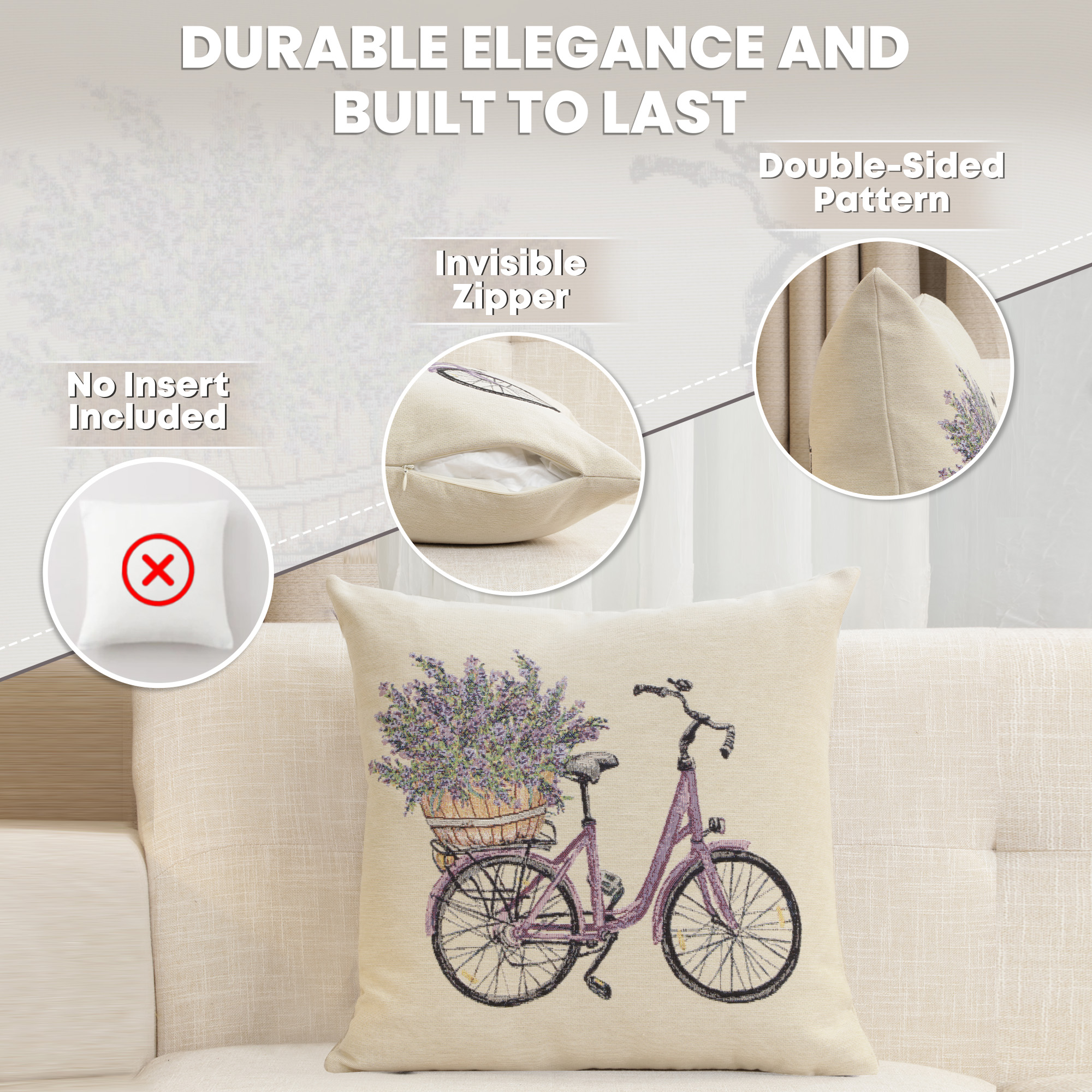 Floral Bike with Lavender Tapestry Pillow Cover 18x18 Inch Cotton Jacquard Woven Cushion Cover