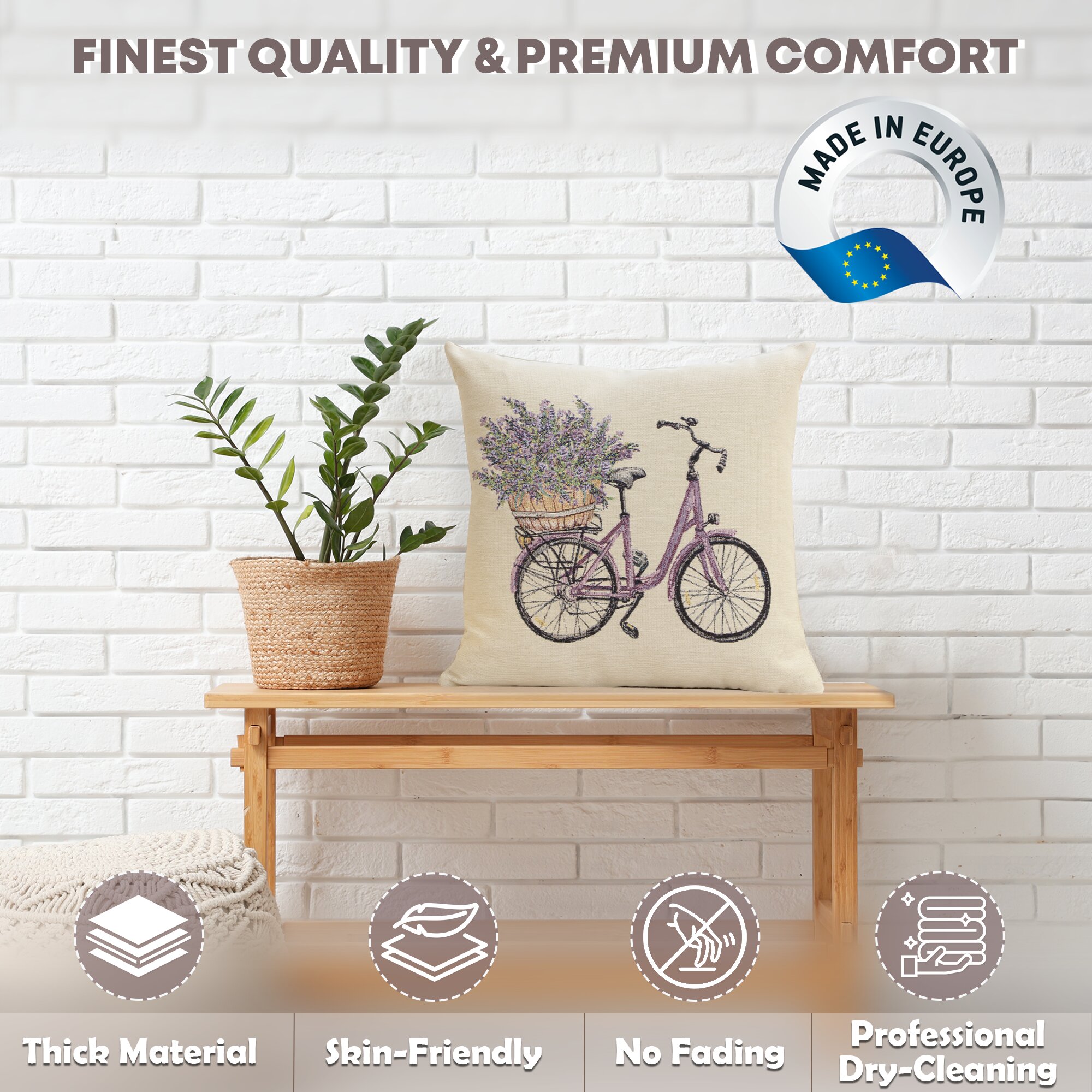 Floral Bike with Lavender Tapestry Pillow Cover 18x18 Inch Cotton Jacquard Woven Cushion Cover