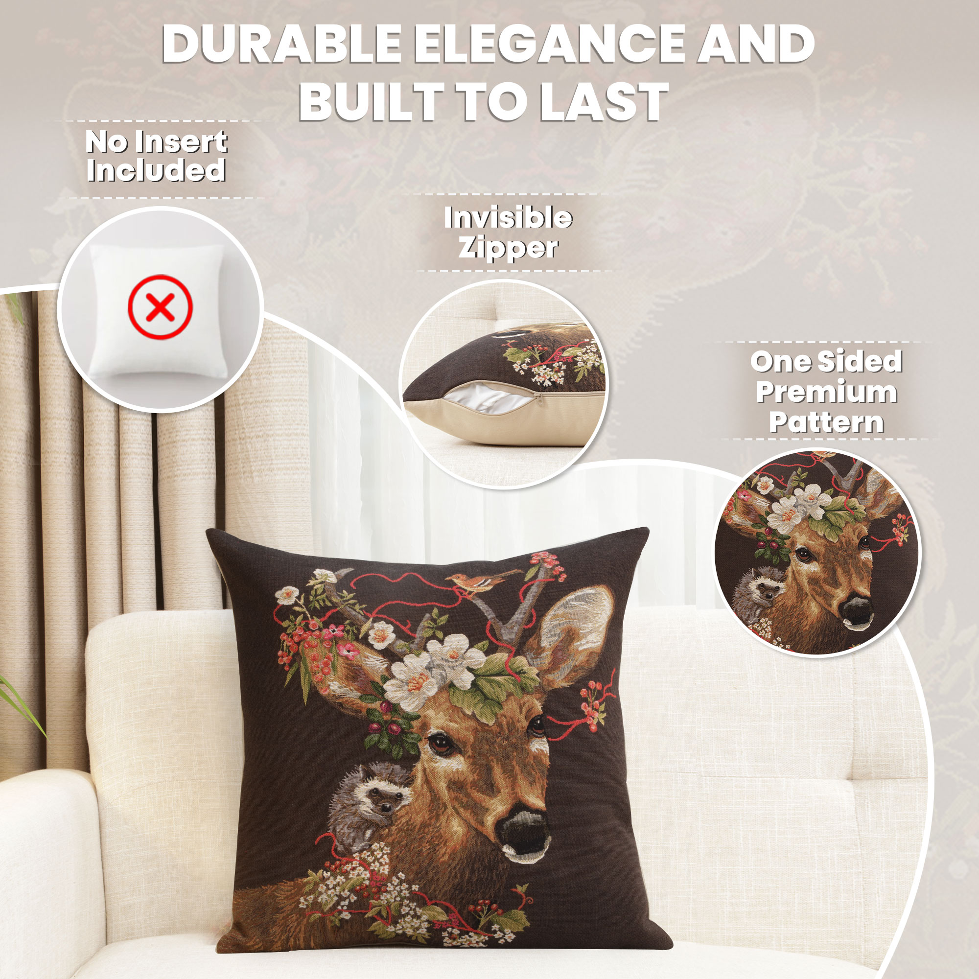 Forest Stag Brown European Tapestry Pillow Cover 18x18 Inch Cotton Cushion Cover
