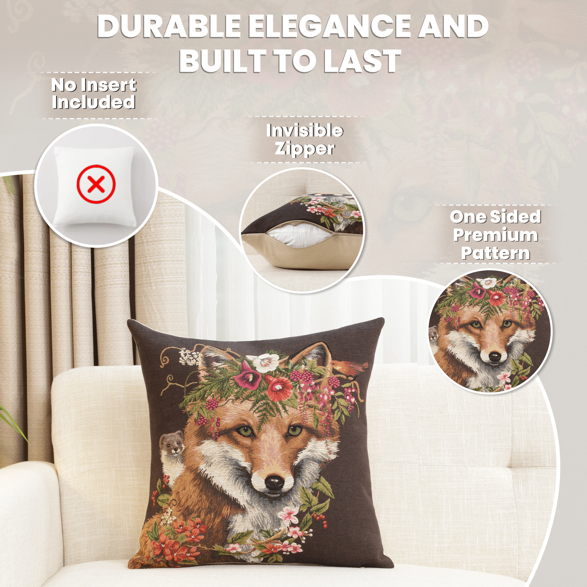 Forest Fox Brown European Tapestry Pillow Cover 18x18 Inch Cotton Cushion Cover