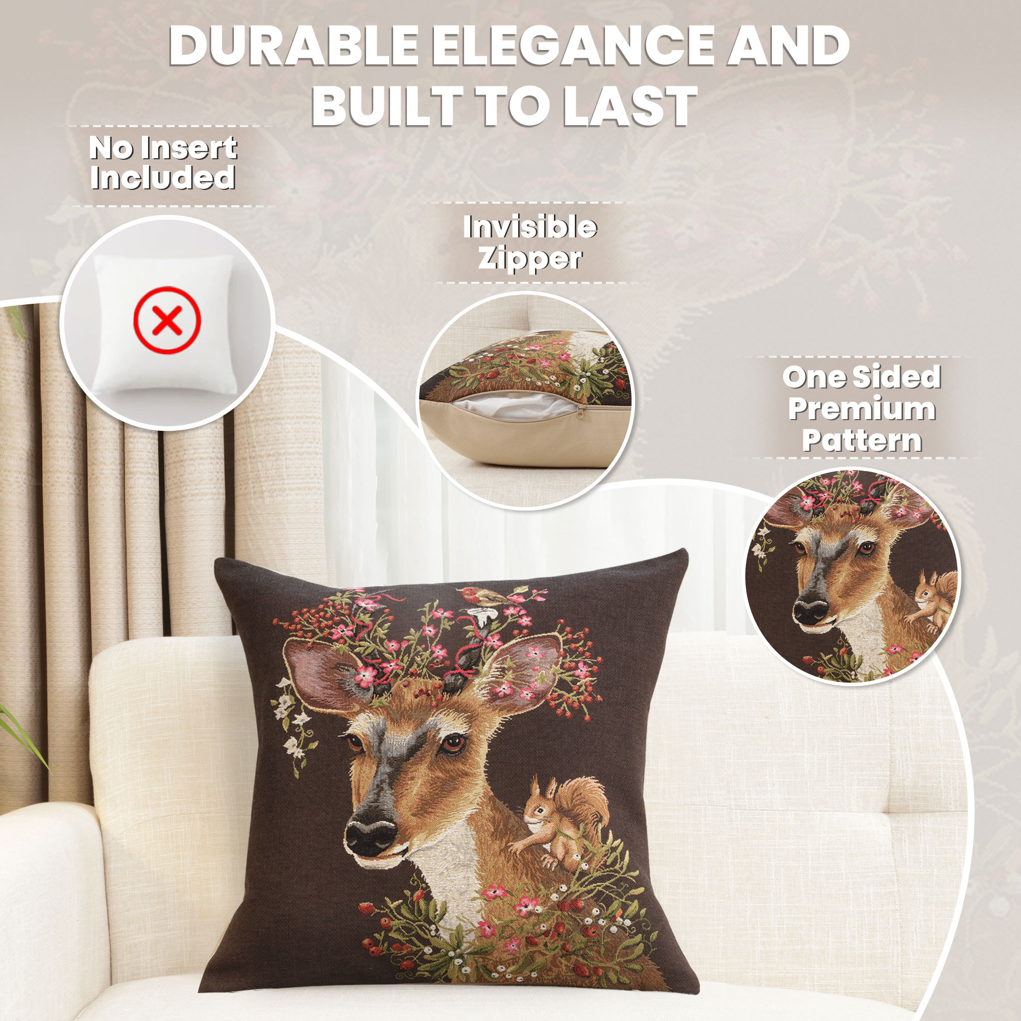 Forest Deer Brown European Tapestry Pillow Cover 18x18 Inch Cotton Cushion Cover