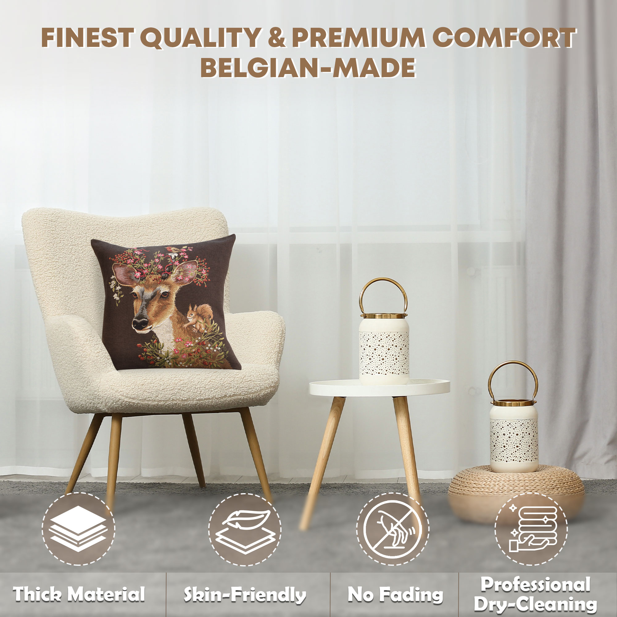 Forest Deer Brown European Tapestry Pillow Cover 18x18 Inch Cotton Cushion Cover