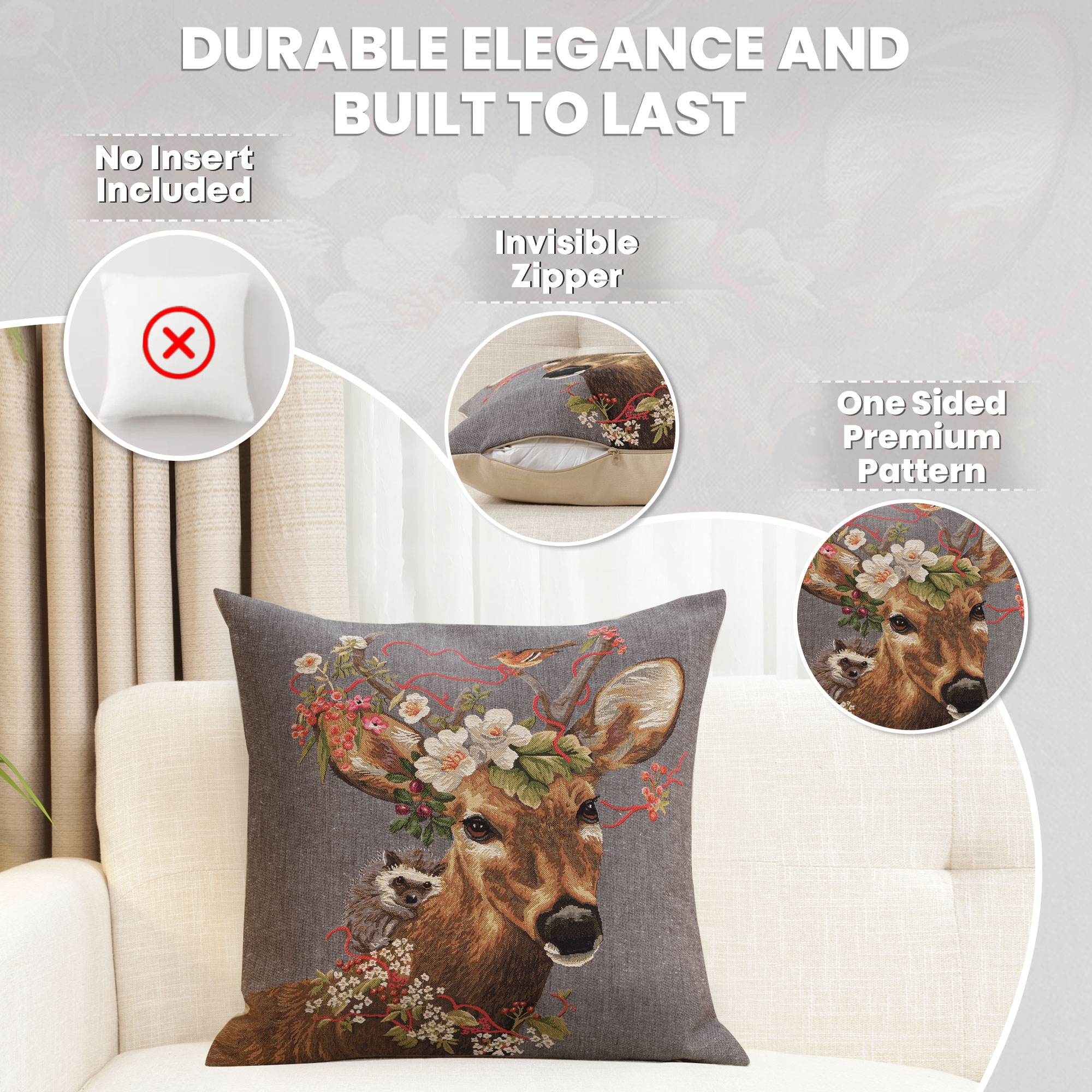 Forest Stag Grey European Tapestry Pillow Cover 18x18 Inch Cotton Cushion Cover