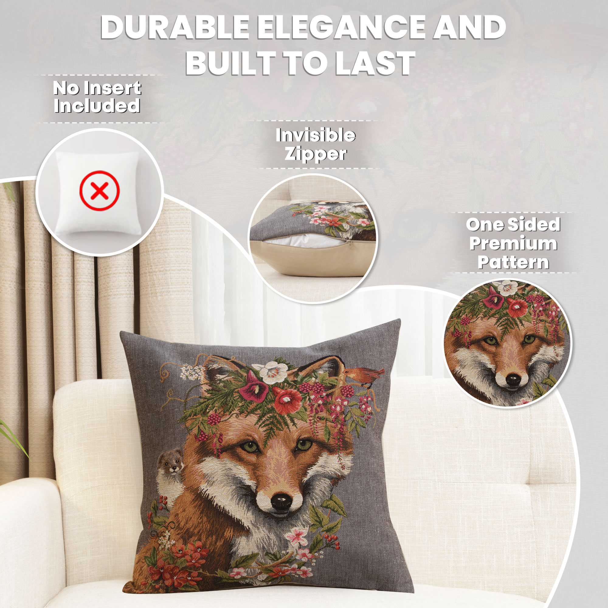 Forest Fox Grey European Tapestry Pillow Cover 18x18 Inch Cotton Cushion Cover