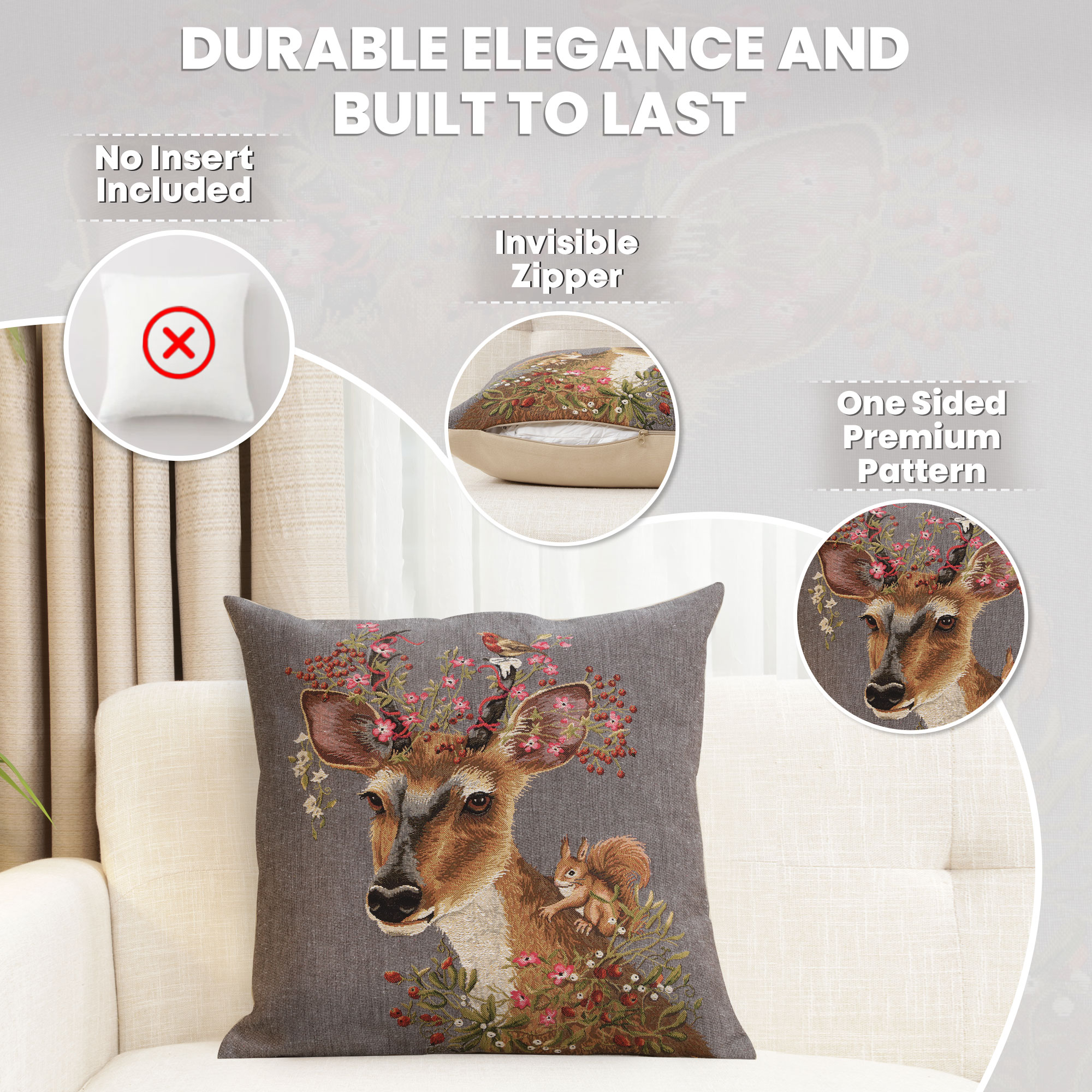 Forest Deer Grey European Tapestry Pillow Cover 18x18 Inch Cotton Cushion Cover