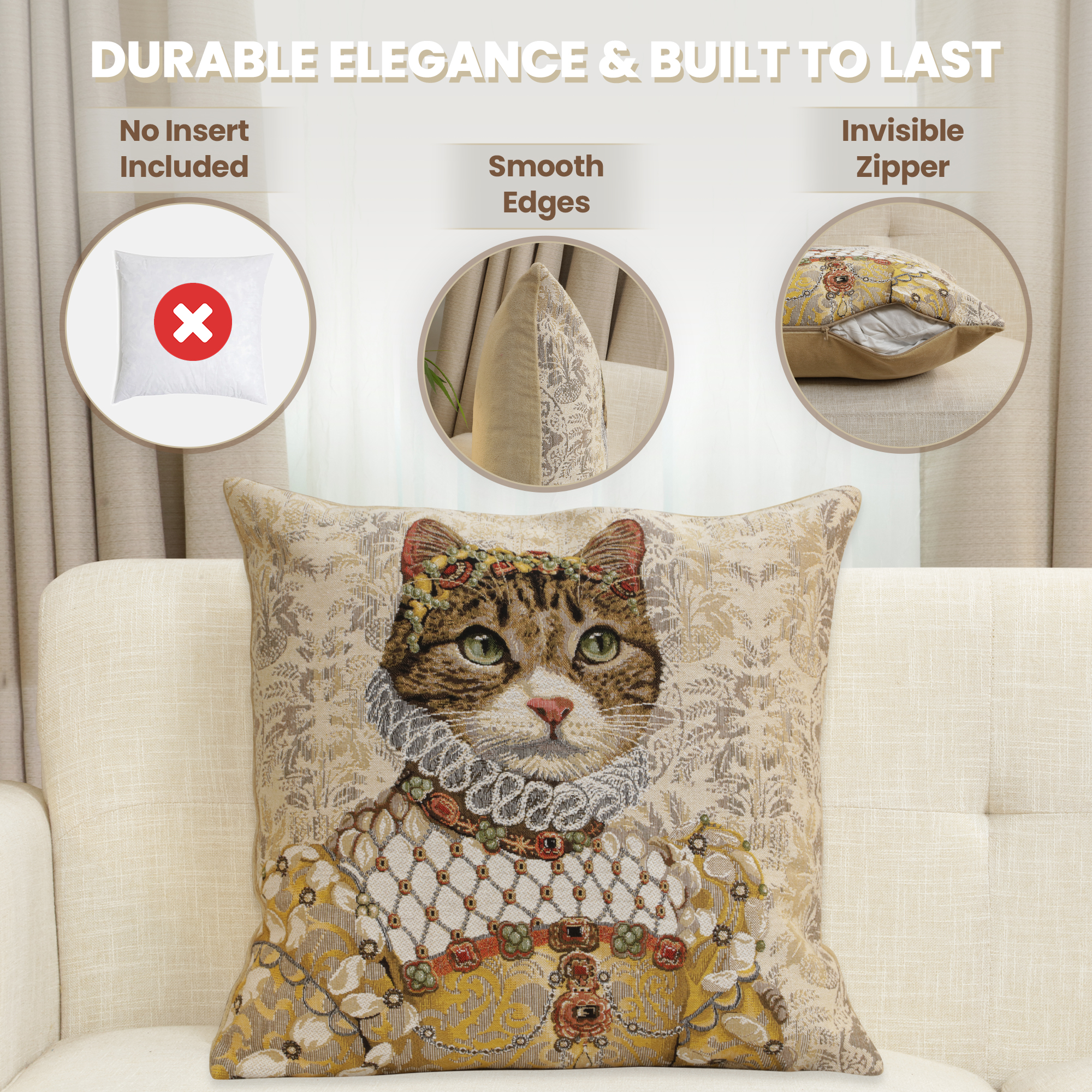 Grey Cat Sisi Light Belgian Tapestry Pillow Cover 18x18 Inch Cotton Jacquard Woven Cushion Cover