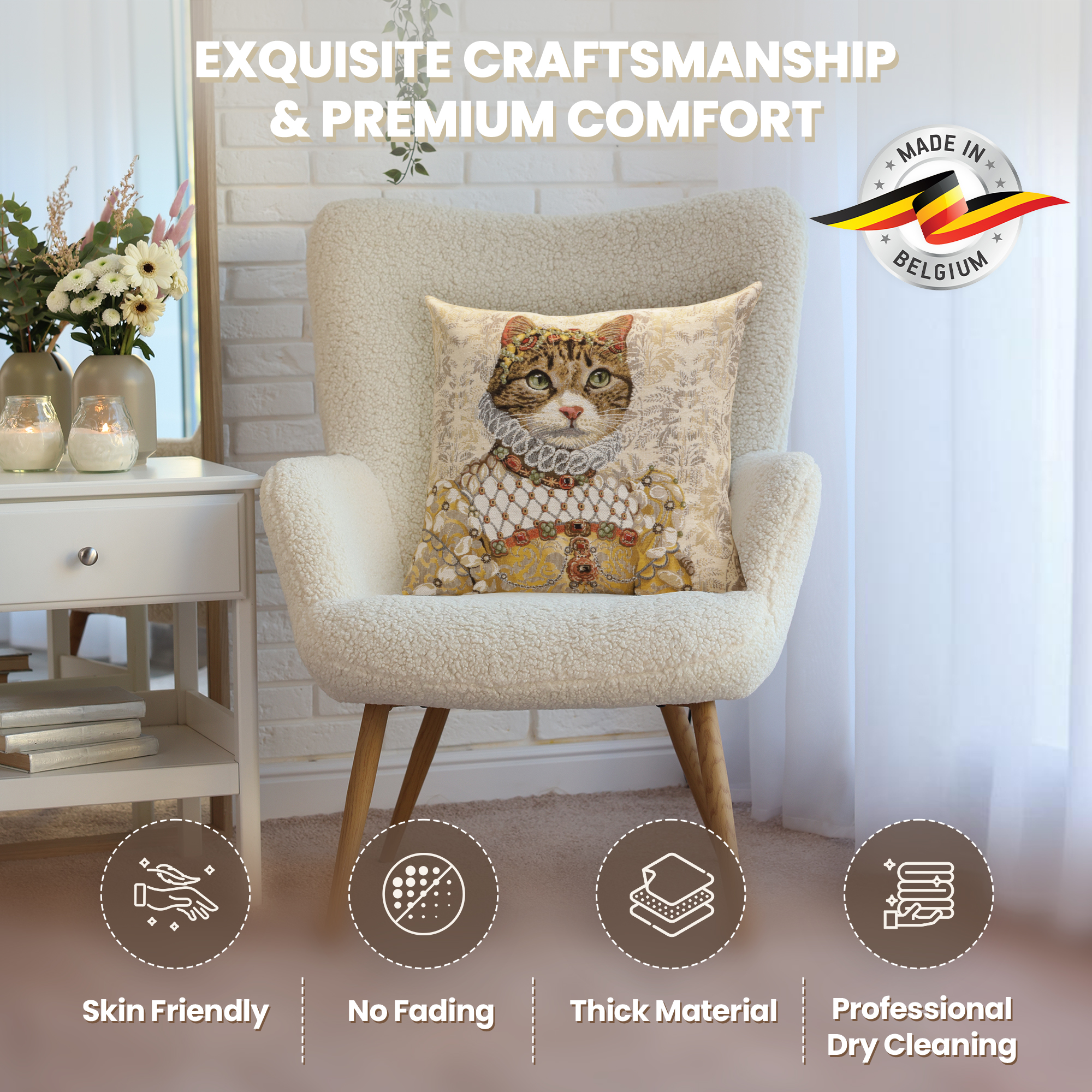 Grey Cat Sisi Light Belgian Tapestry Pillow Cover 18x18 Inch Cotton Jacquard Woven Cushion Cover