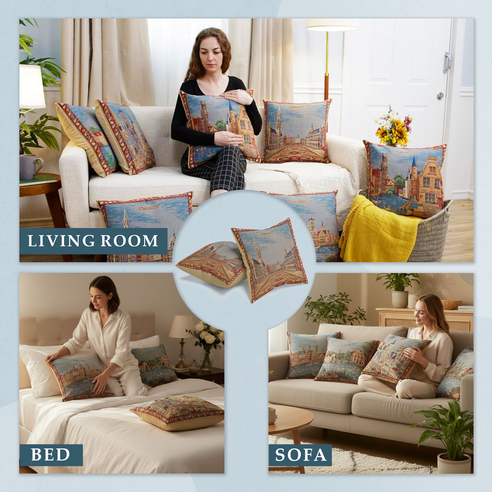 Brussel European Tapestry Pillow Cover 18x18 Inch Cotton Cushion Cover
