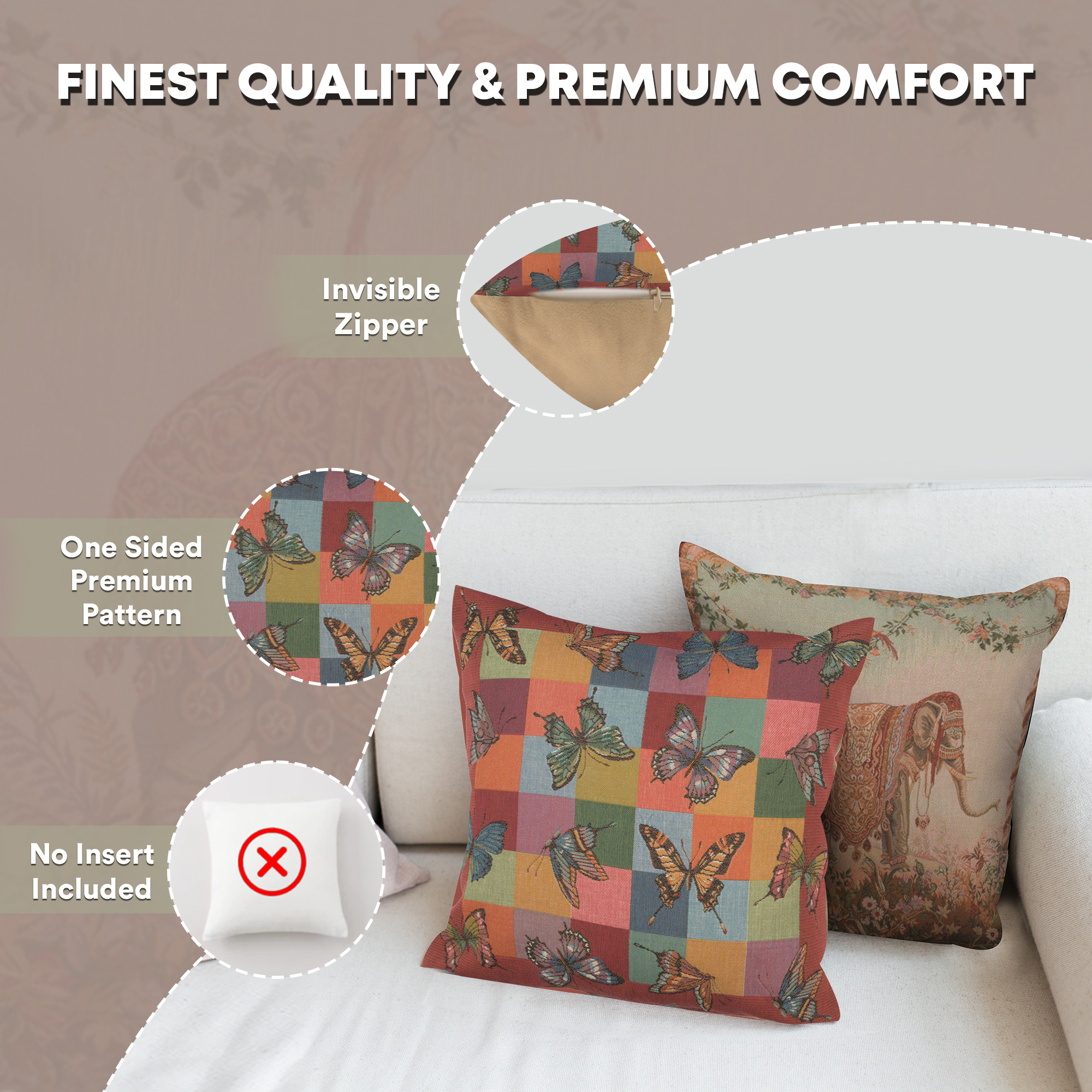 French Decorative Butterflies Tapestry Pillow Cover 19x19 Inch Cotton Jacquard Woven Cushion Cover