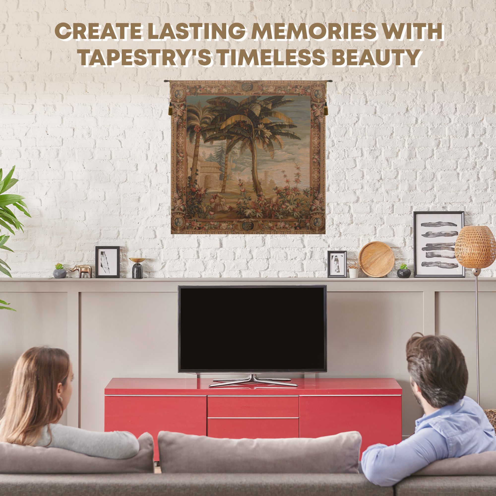 Paysage Exotique Landscape Floral Tapestry Wall Hanging 58 x 58 in Tropical Botanical Exotic Garden Jacquard Woven Wall Art