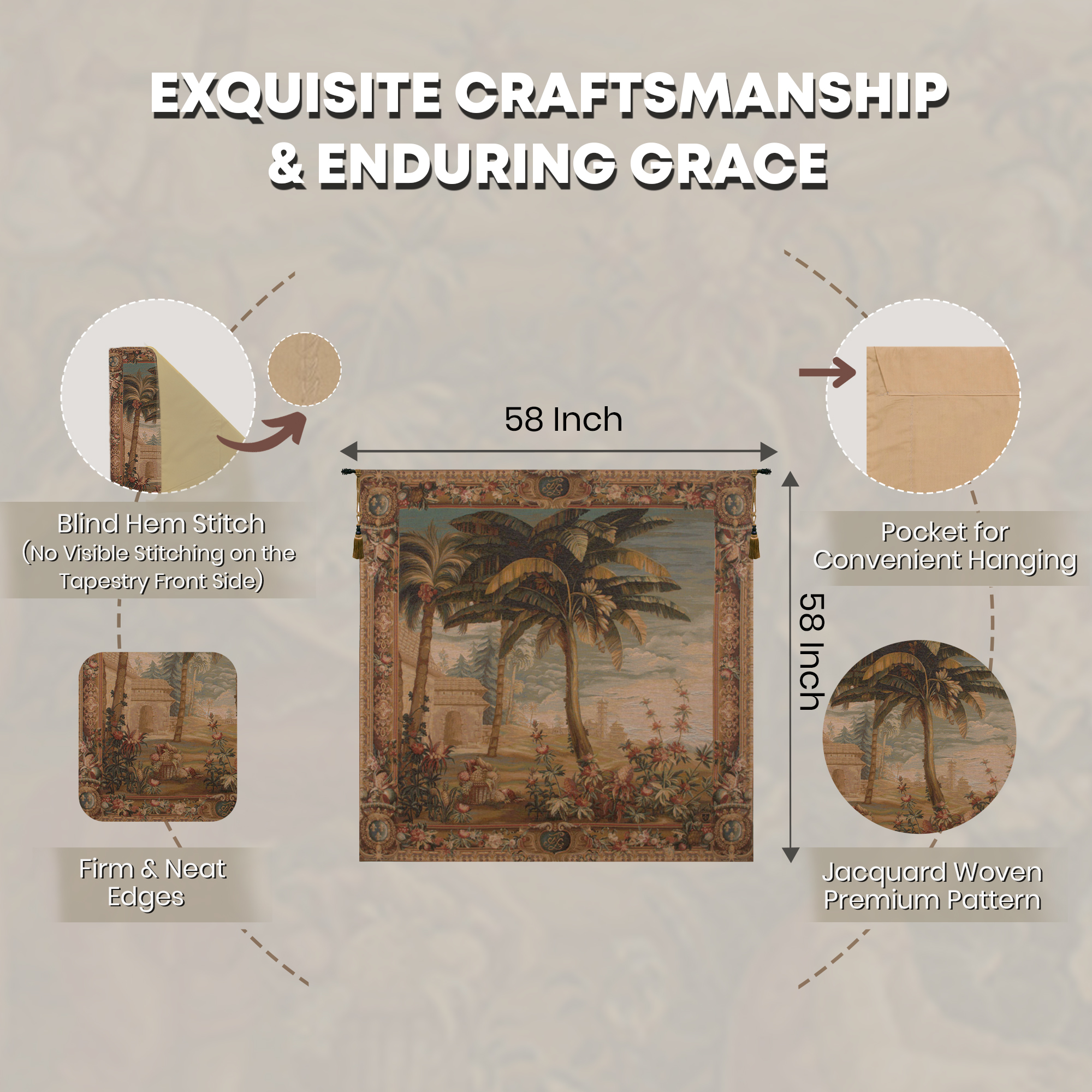 Paysage Exotique Landscape Floral Tapestry Wall Hanging 58 x 58 in Tropical Botanical Exotic Garden Jacquard Woven Wall Art