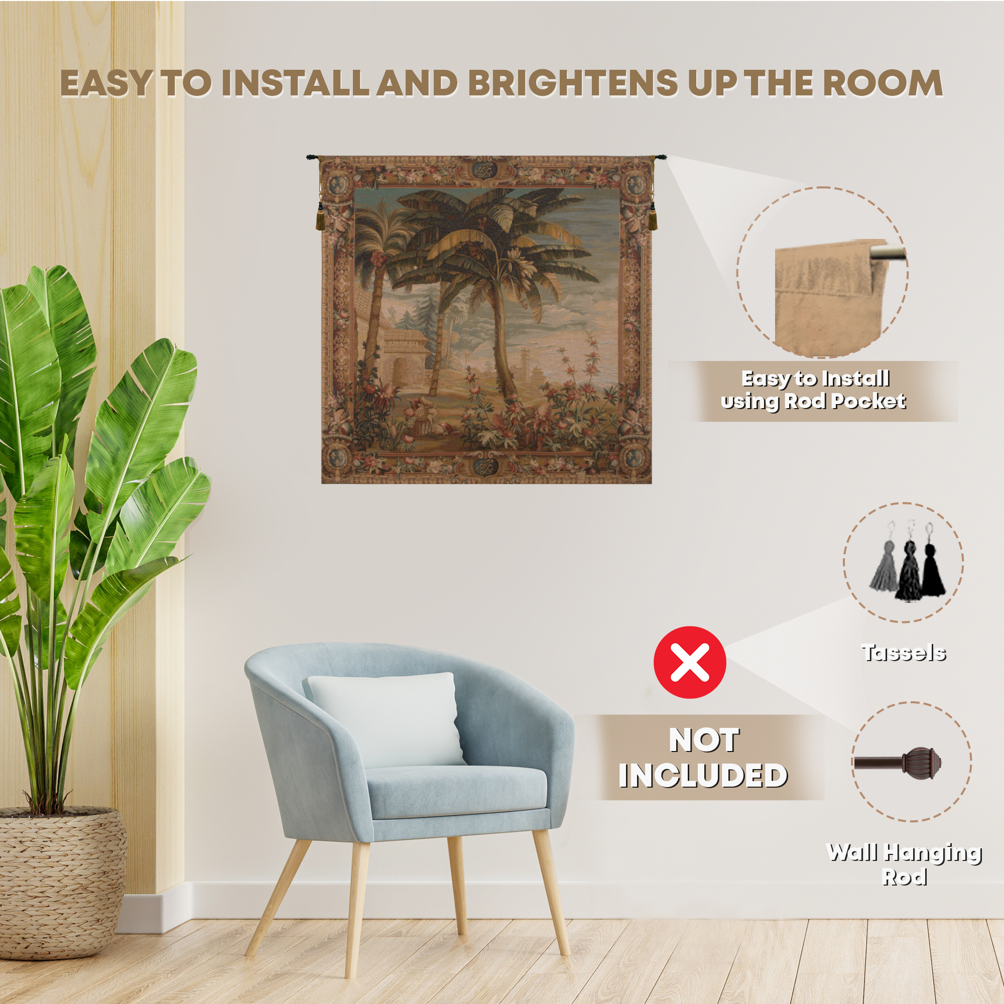 Paysage Exotique Landscape Floral Tapestry Wall Hanging 58 x 58 in Tropical Botanical Exotic Garden Jacquard Woven Wall Art