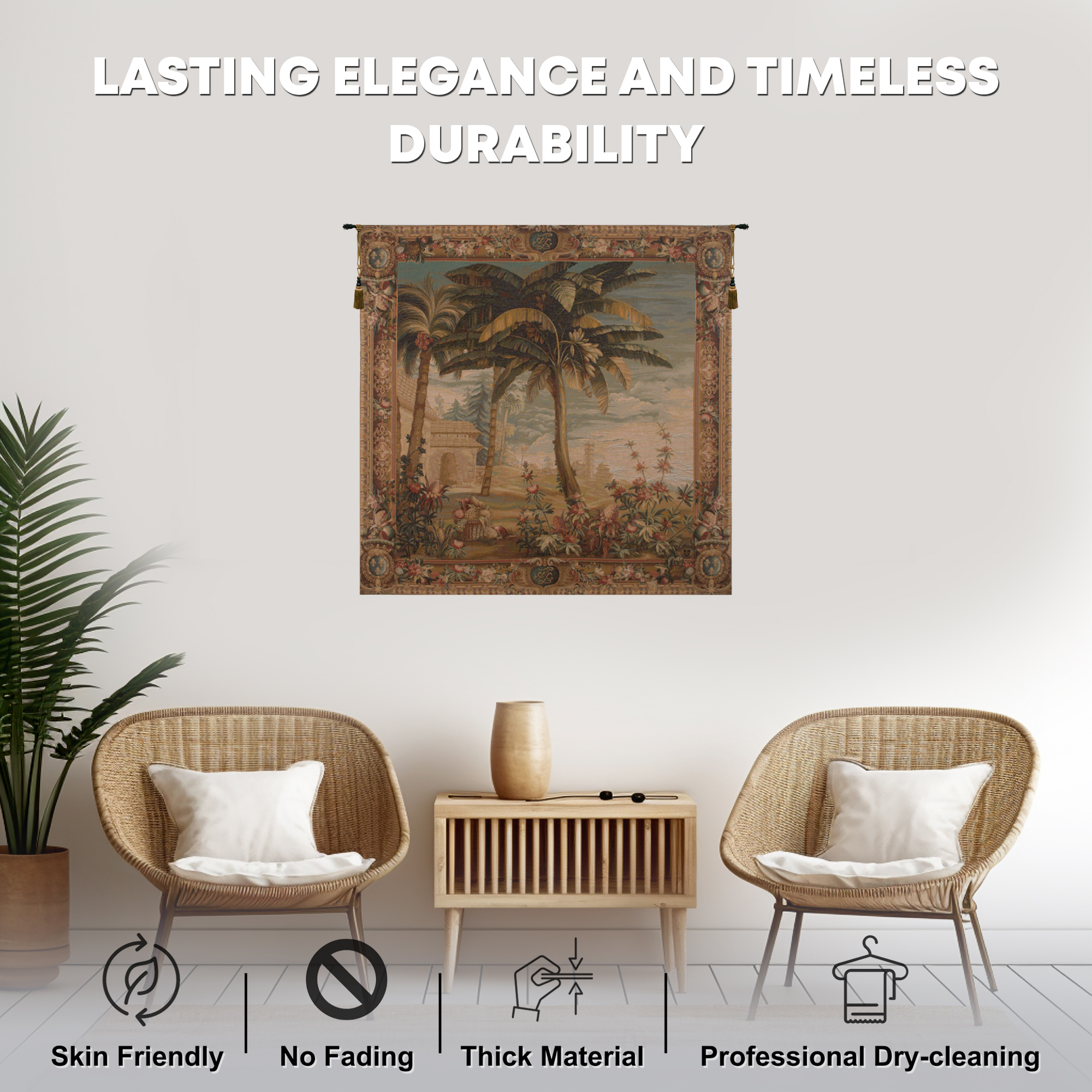 Paysage Exotique Landscape Floral Tapestry Wall Hanging 58 x 58 in Tropical Botanical Exotic Garden Jacquard Woven Wall Art