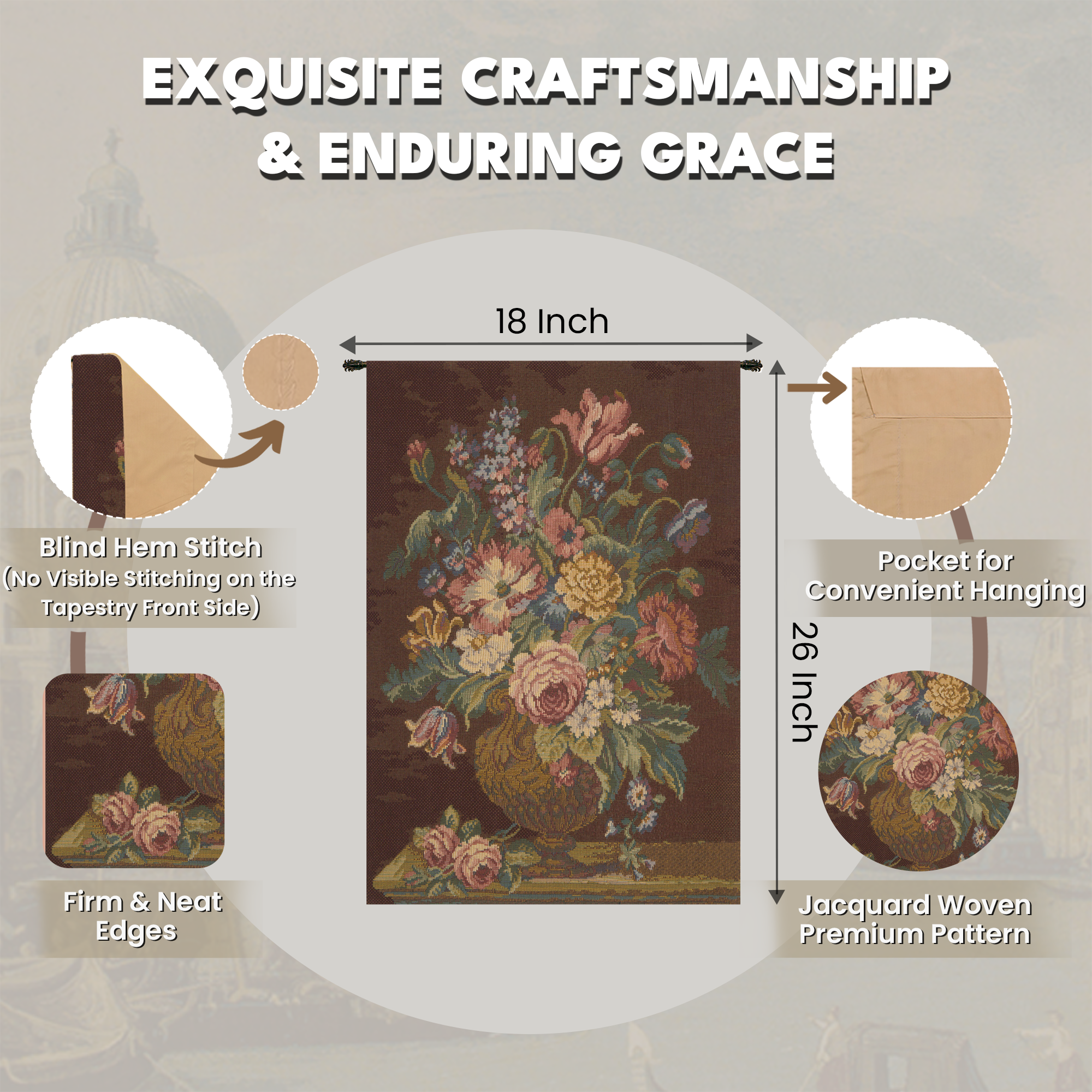Vase with Flowers Brown Italian Tapestry Wall Hanging 26x18 Inch Cotton Jacquard Woven Wall Tapestry