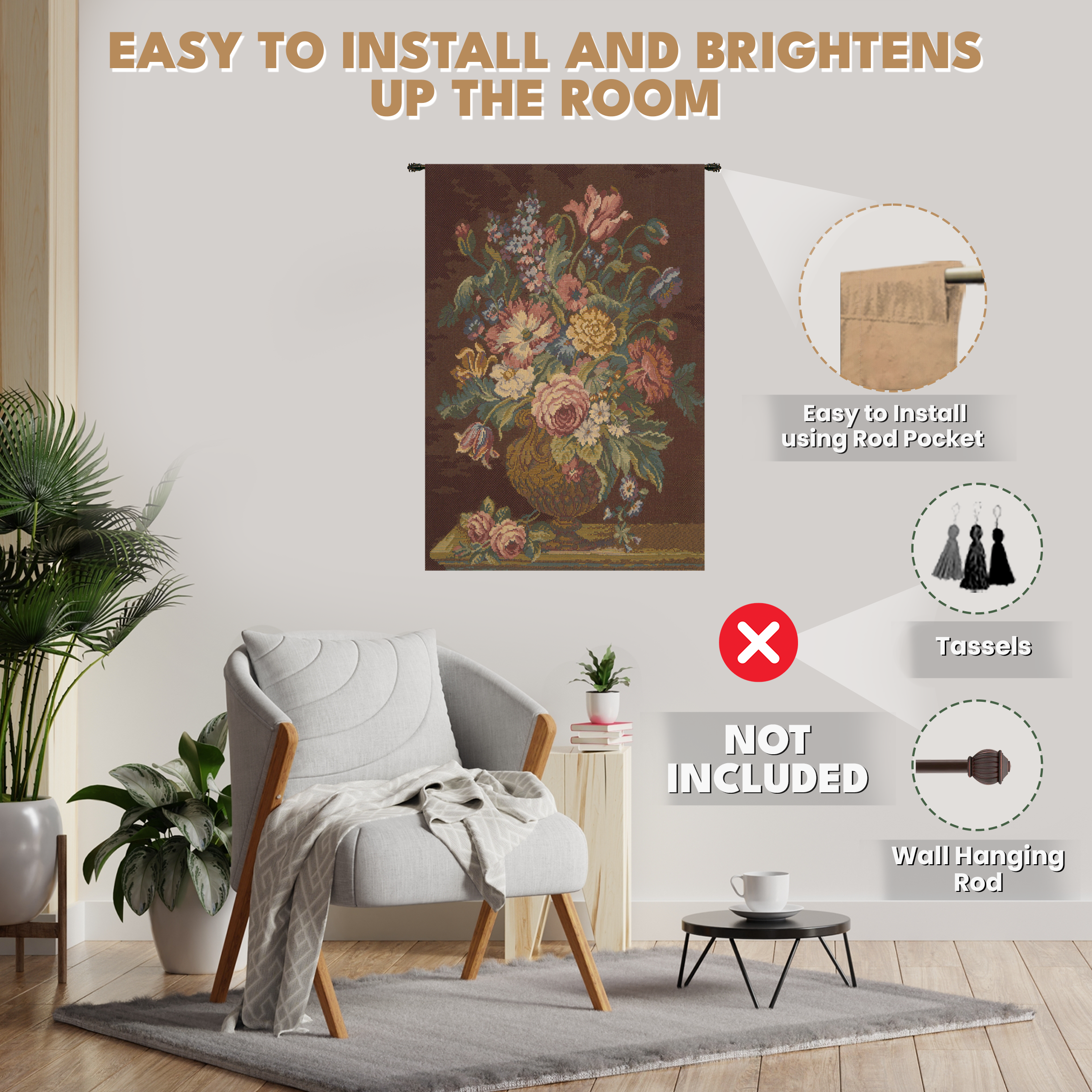 Vase with Flowers Brown Italian Tapestry Wall Hanging 26x18 Inch Cotton Jacquard Woven Wall Tapestry