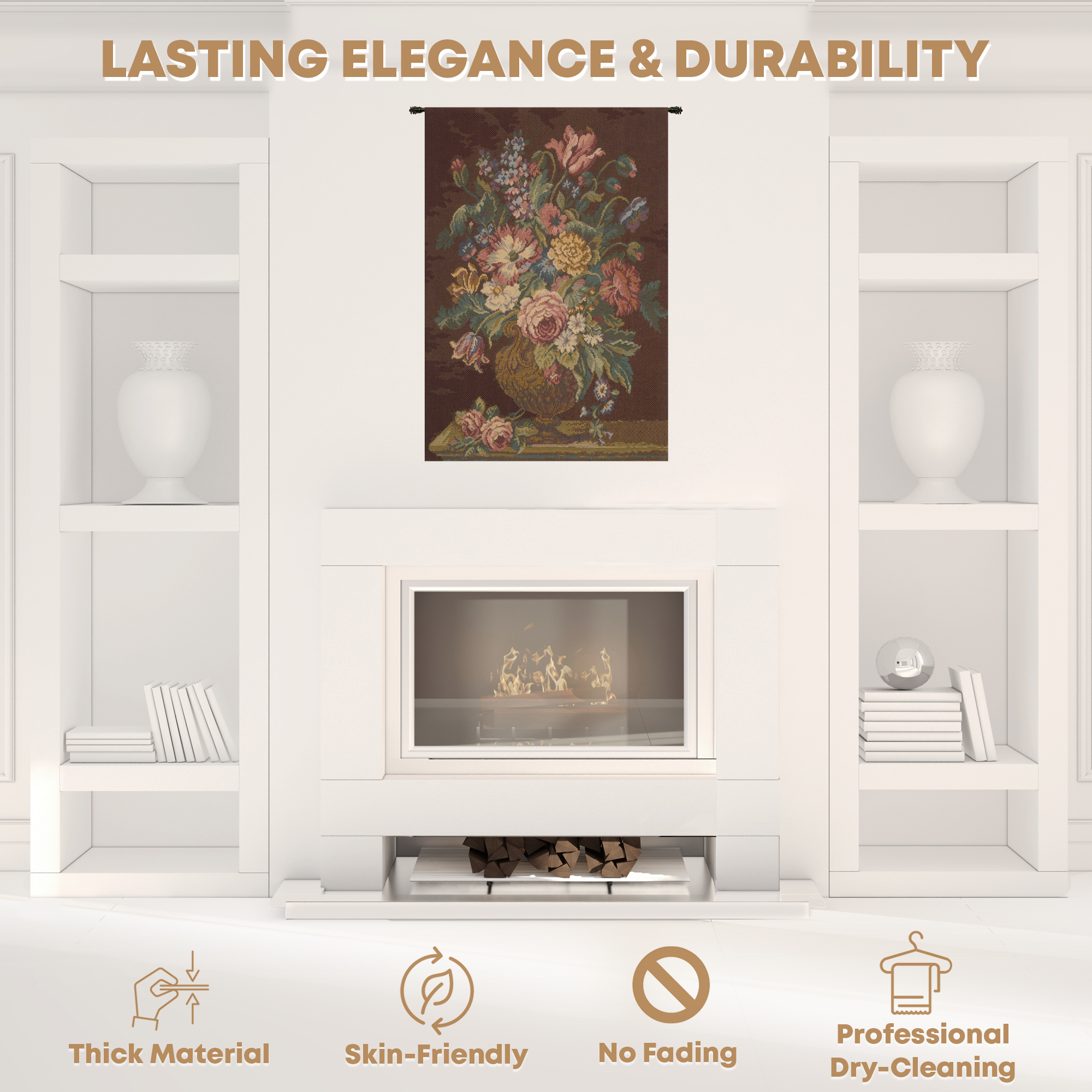 Vase with Flowers Brown Italian Tapestry Wall Hanging 26x18 Inch Cotton Jacquard Woven Wall Tapestry