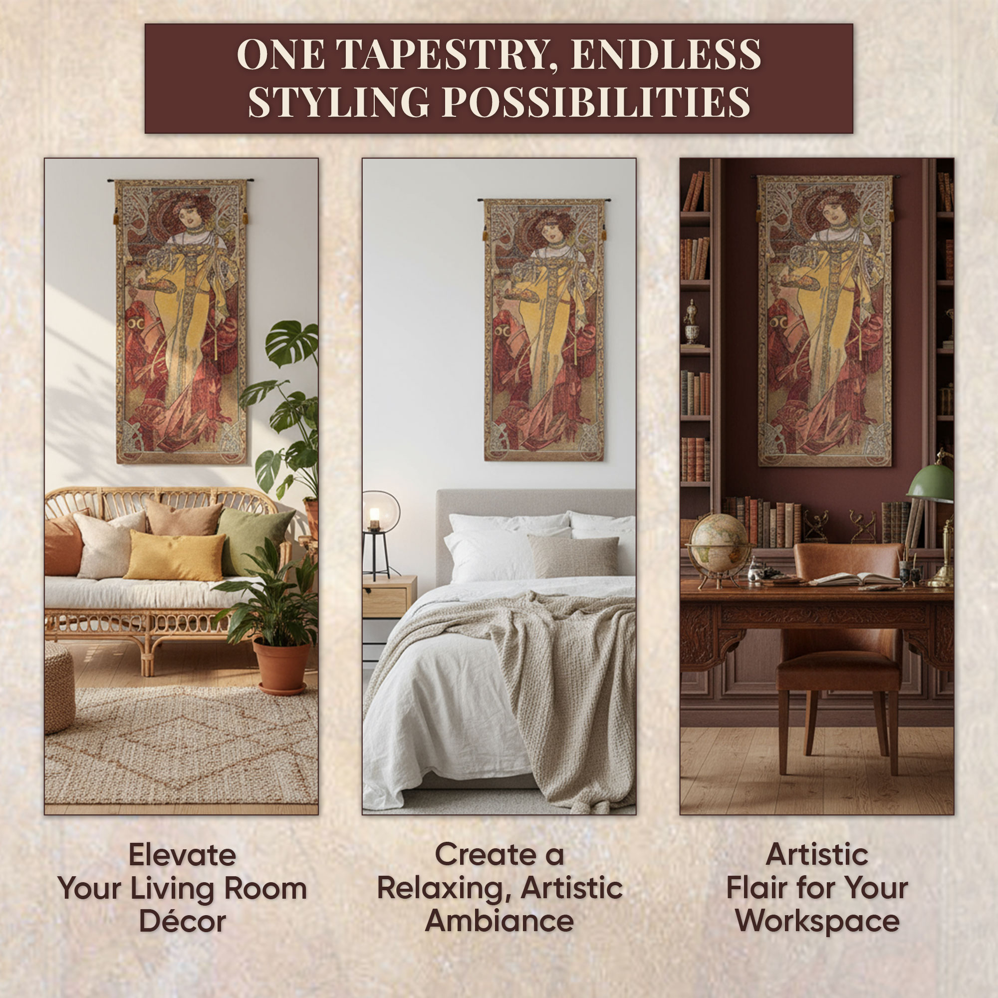 Alphonse Mucha Autumn Tapestry Wall Hanging 39 x 18 in Art Nouveau Seasonal Woman Jacquard Woven Wall Art Home Decor