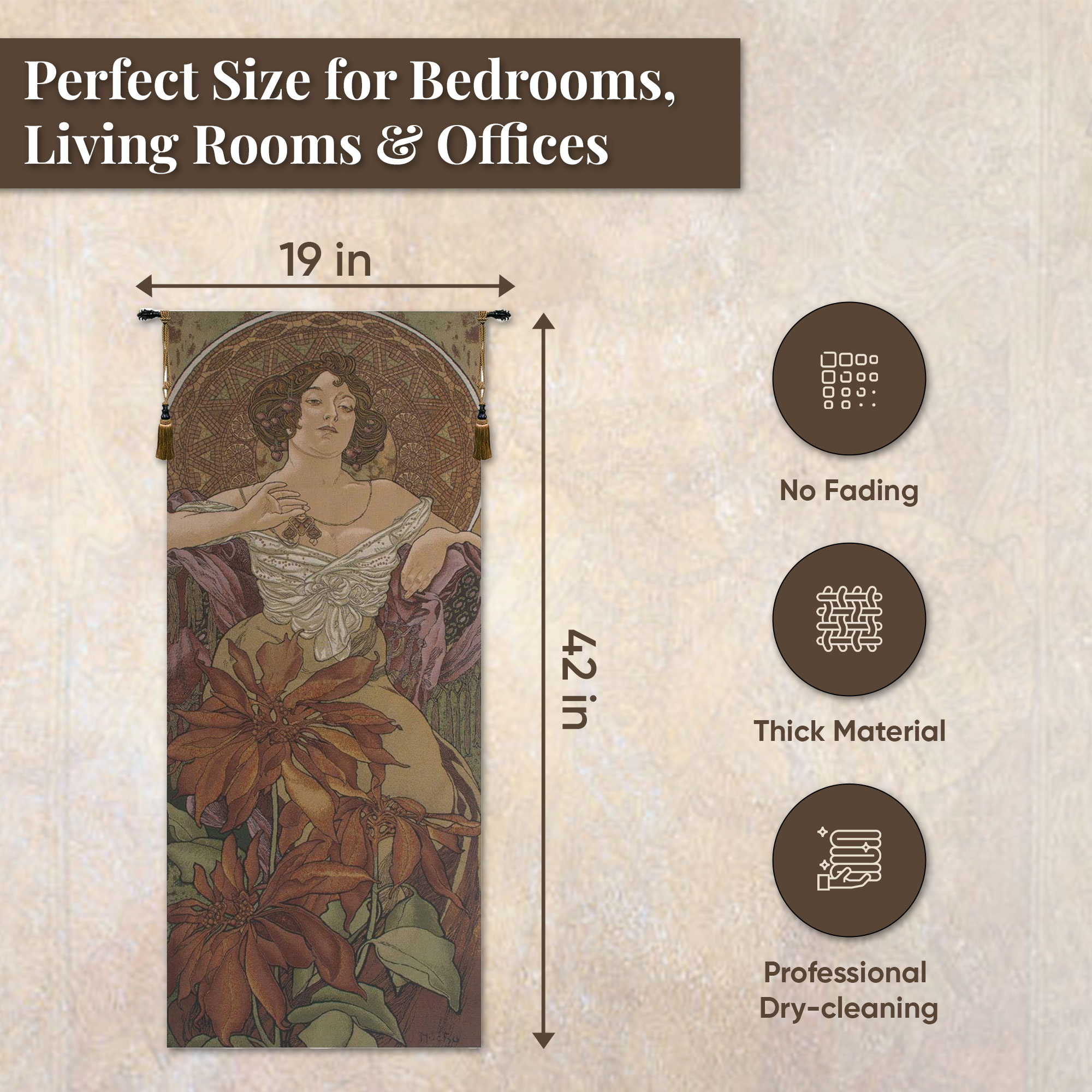 Alphonse Mucha Mucha Rubis Tapestry Wall Hanging 42 x 19 in Art Nouveau Woman Ruby Gemstone Jacquard Woven Wall Art