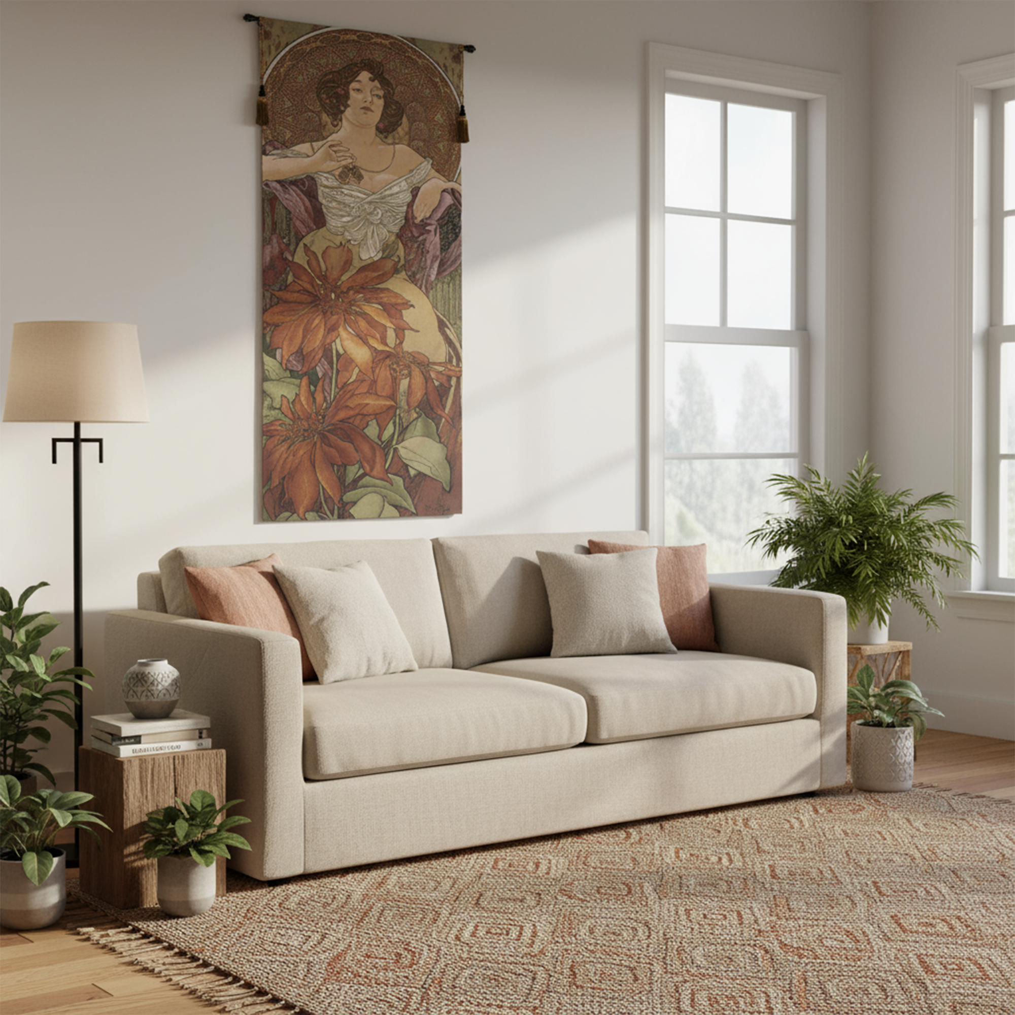Alphonse Mucha Mucha Rubis Tapestry Wall Hanging 42 x 19 in Art Nouveau Woman Ruby Gemstone Jacquard Woven Wall Art